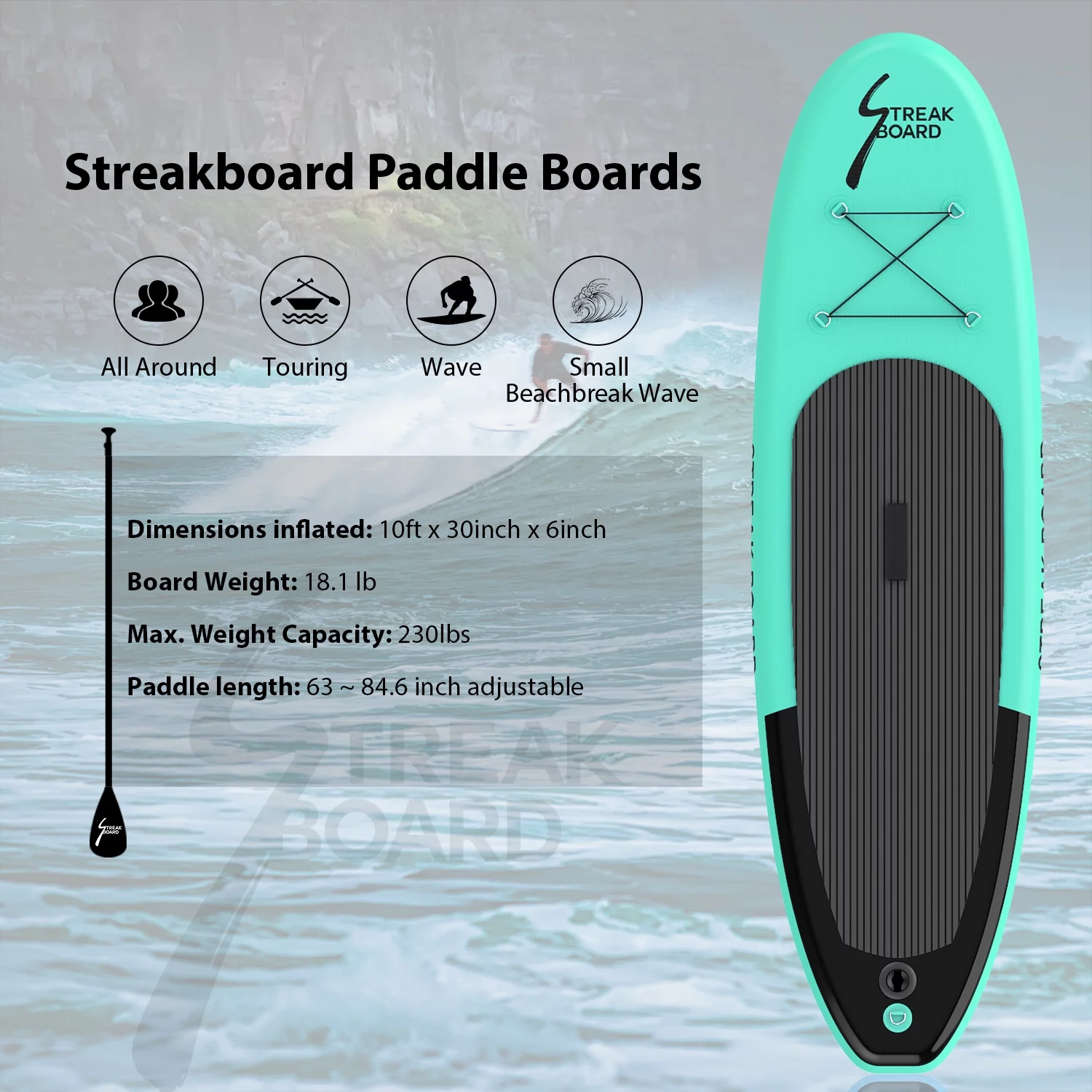streakboard 10' Inflatable Stand up Paddle Board with SUP Accessories, Backpack, Paddle & Hand Pump - Womvr