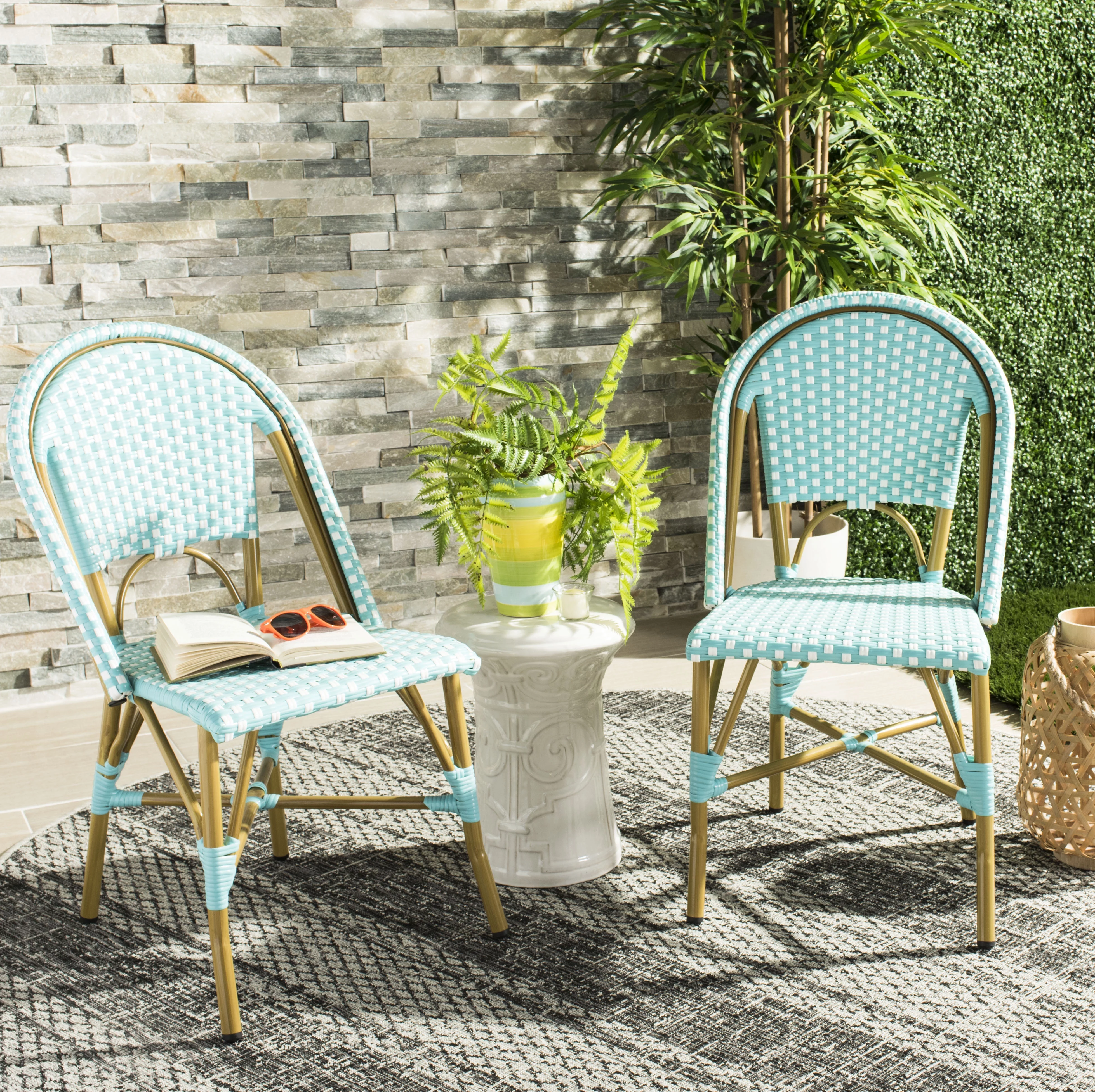 SAFAVIEH Salcha Outdoor French Bistro Side Chair, Blue/White, Set of 2 - Womvr