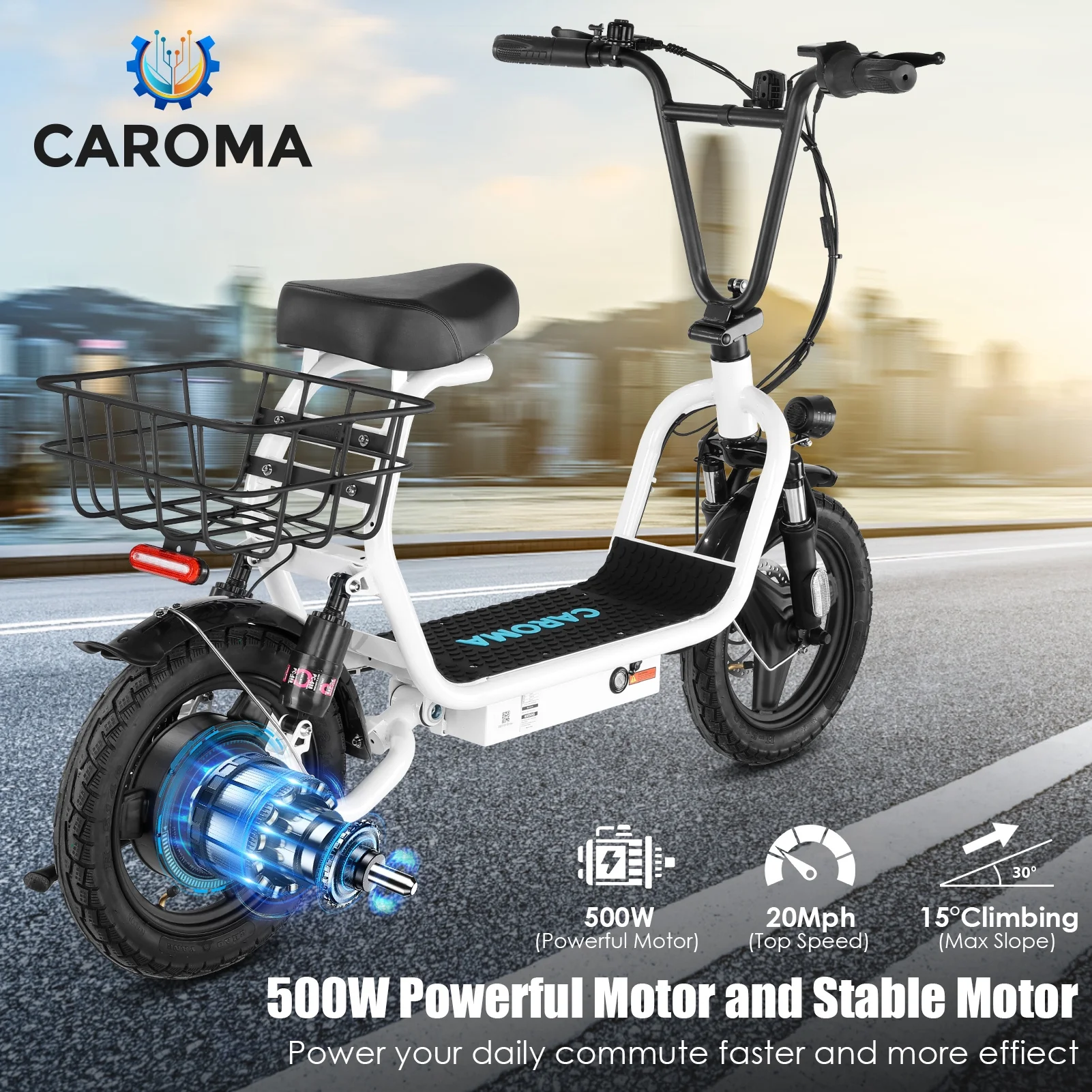 Caroma 500W Electric Scooter with Seat for Adult, 14 inch Commuter Electric Scooter with Dual Shock Absorbers and Basket - Up to 25 Miles 20 MPH, Silver - Womvr