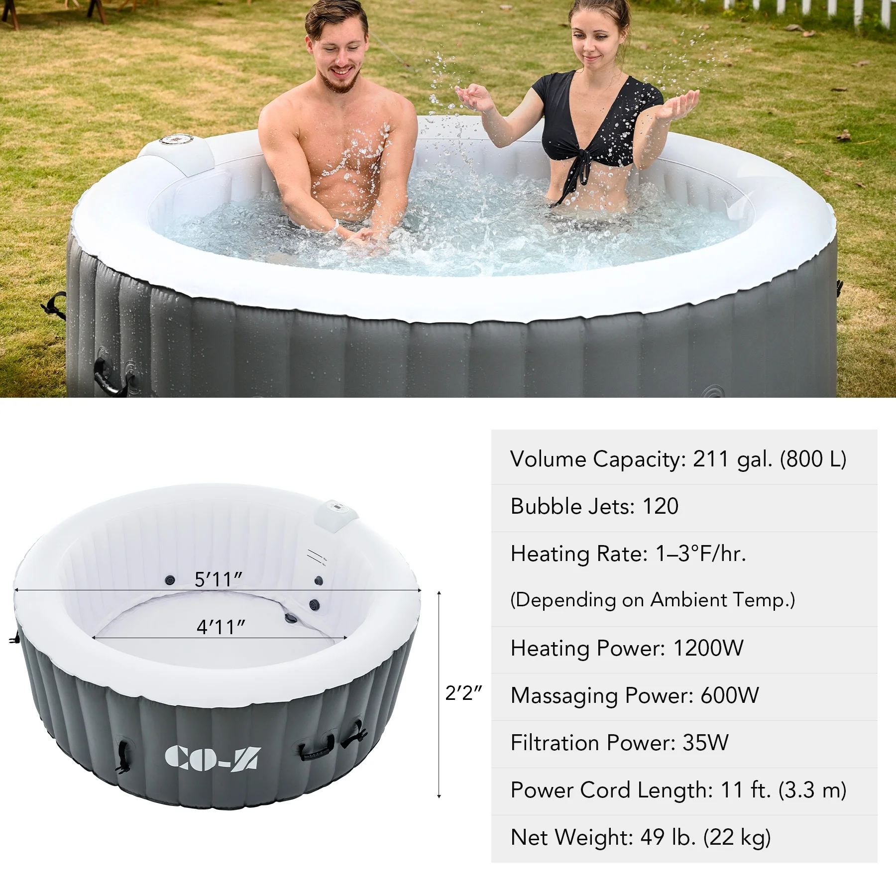 CO-Z 4 Person 6ft Inflatable Hot Tub Pool with Massage Jets and All Accessories Gray - Womvr