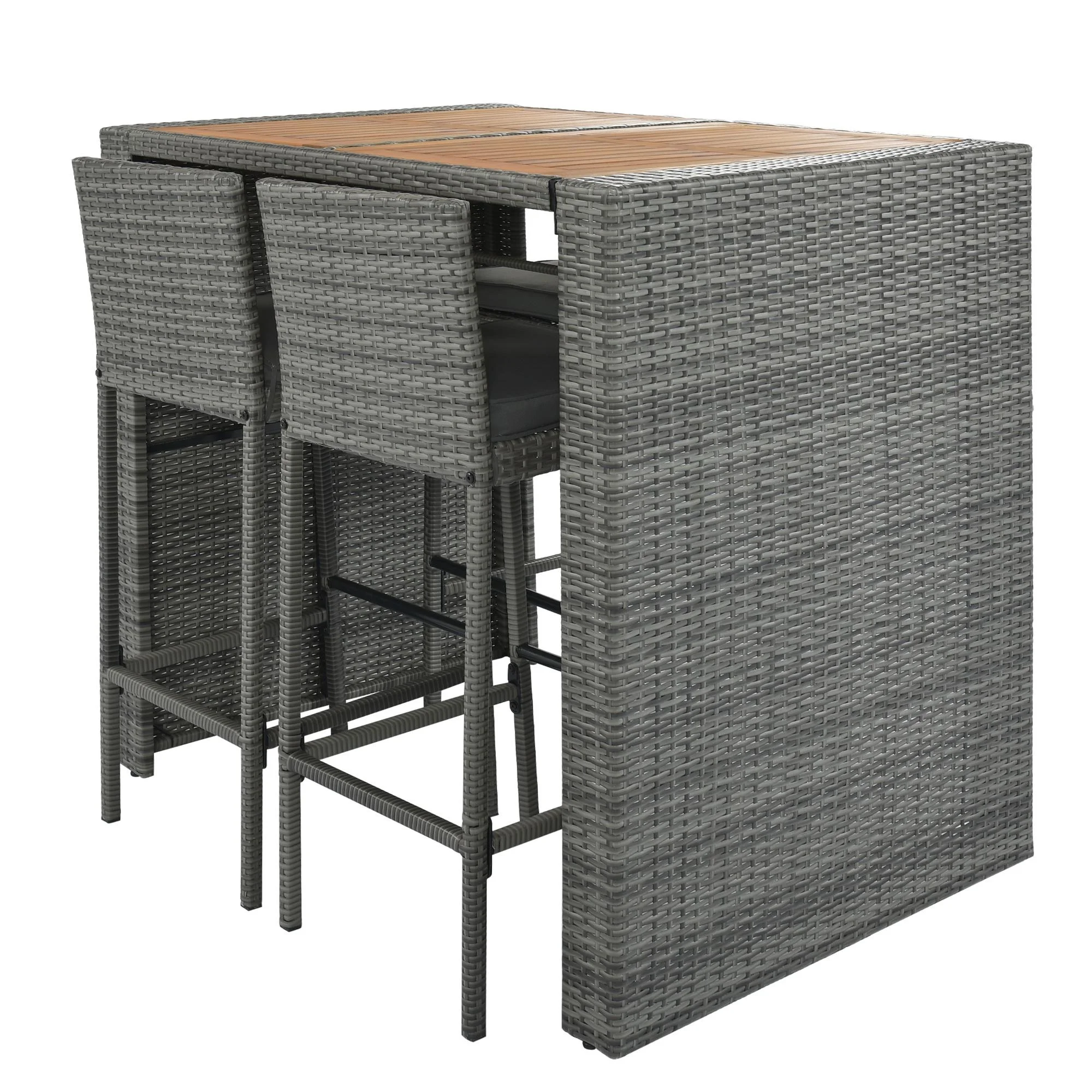 SESSLIFE 5 Piece Outdoor Rattan Dining Set with Storage Shelf, Patio Bar Table and 4 Stools Set, Modern Gray Wicker Outdoor Furniture Sets - Womvr