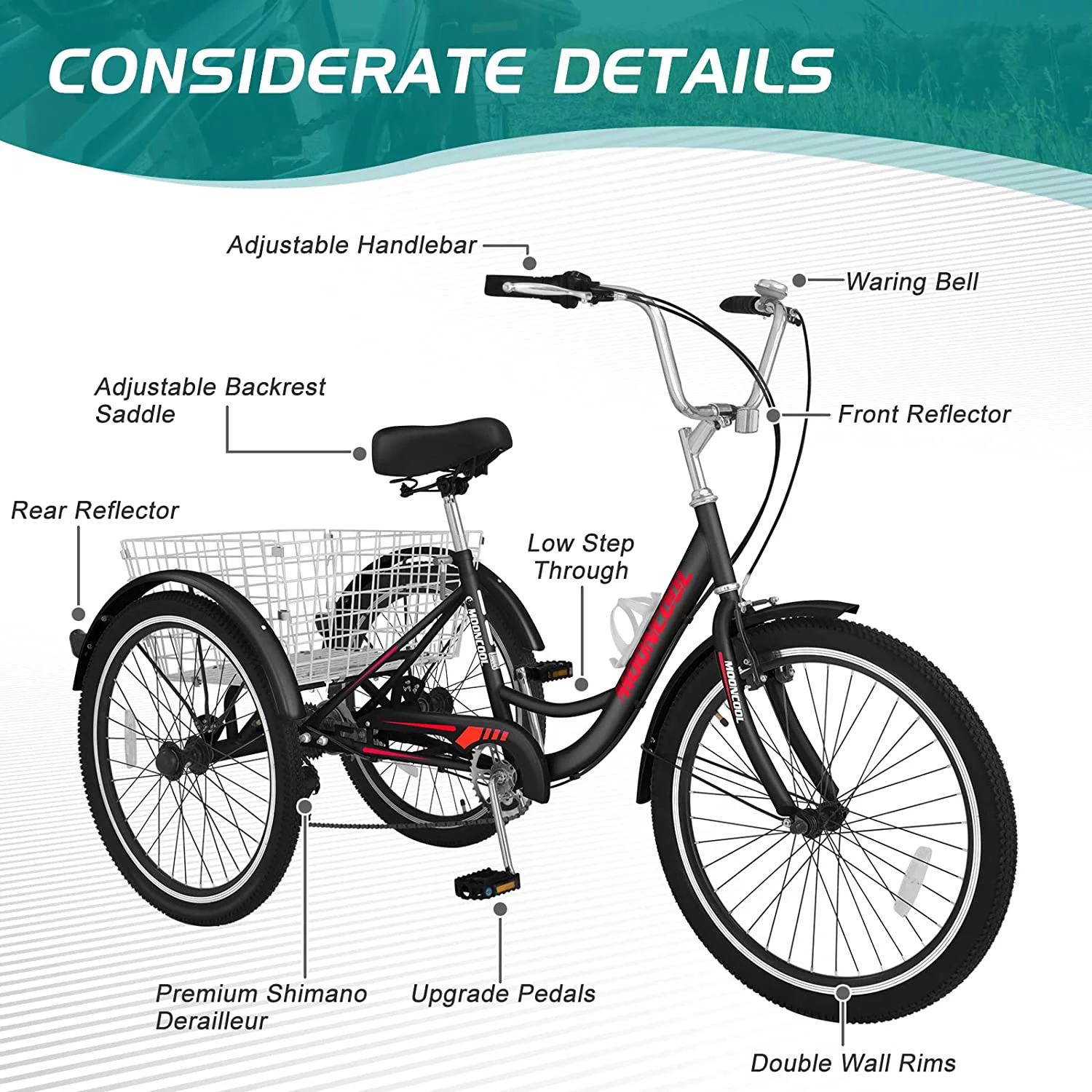 Docred Adult Tricycle 7 Speed 24 Inch Three Wheel Bike Cruiser Trike for Men/Women/Seniors - Womvr