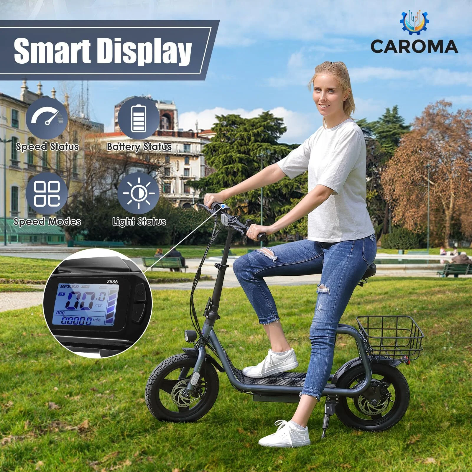 Caroma 500W Electric Scooter with Seat for Adult, 14 inch Commuter Electric Scooter with Dual Shock Absorbers and Basket - Up to 25 Miles 20 MPH, Silver - Womvr