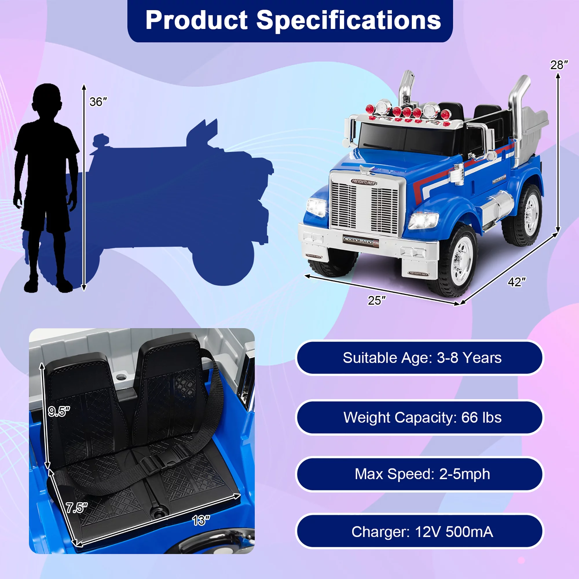 Costway 12V Licensed Freightliner Kids Ride On Truck Car RC w/ Dump Box & Lights Red - Womvr