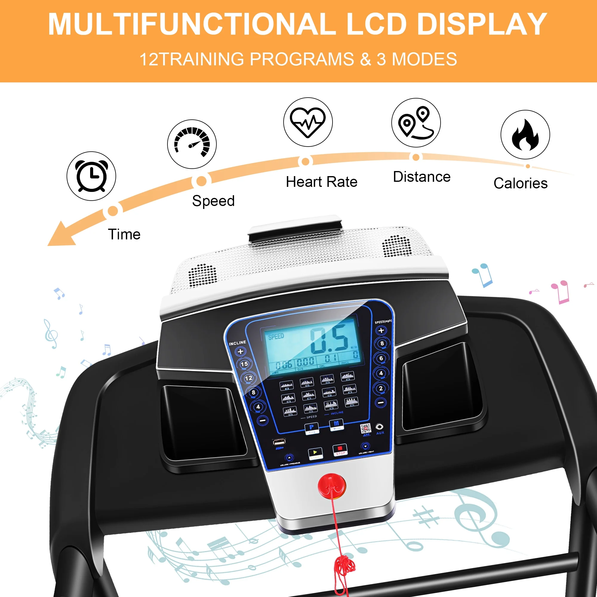 Tikmboex 17'' Folding Treadmill with 15-Level Auto Incline 9.0 mph Speed 12 Preset Program, Strong 3.25HP Motor Running Machine for Cardio Fitness , Black 300lbs - Womvr