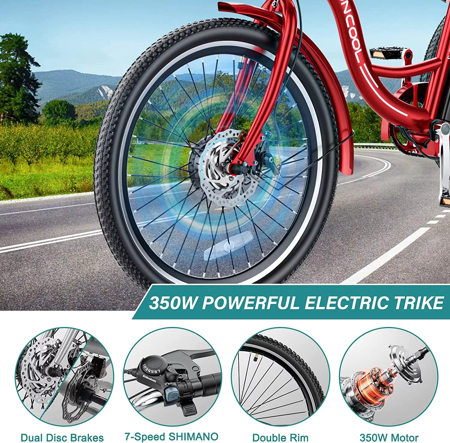 MOONCOOL Electric Tricycle, 350W 36V 24 Inches 7 Speeds 3 Wheels Electric Bikes for Adults, Motorized Electric Trike Three Wheel Electric Bicycle - Womvr