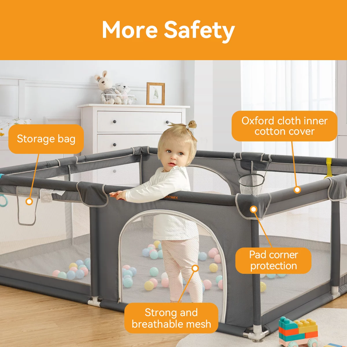 Baby Playpen, 36x36x27inch Portable Soft Mesh Sturdy Pipe Ample Space for Toddler, Gray - Womvr