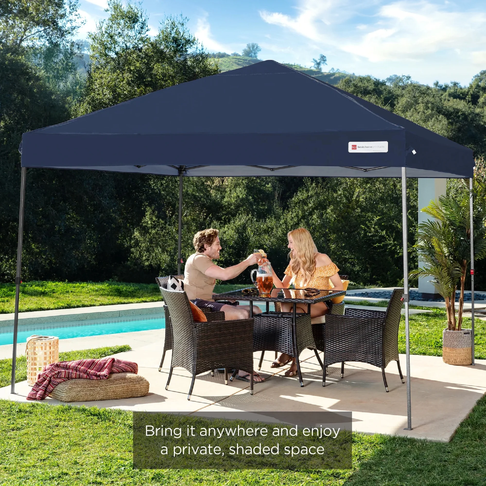 Best Choice Products 10x10ft Easy Setup Pop Up Canopy w/ 1-Button Setup, Wheeled Case, 4 Weight Bags - Cerulean - Womvr