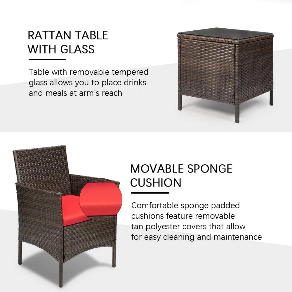 Lacoo 3 Pieces Outdoor Patio Furniture PE Rattan Wicker Table and Chairs Set Bar Set with Cushioned Tempered Glass, Brown/Beige, 2 - Womvr