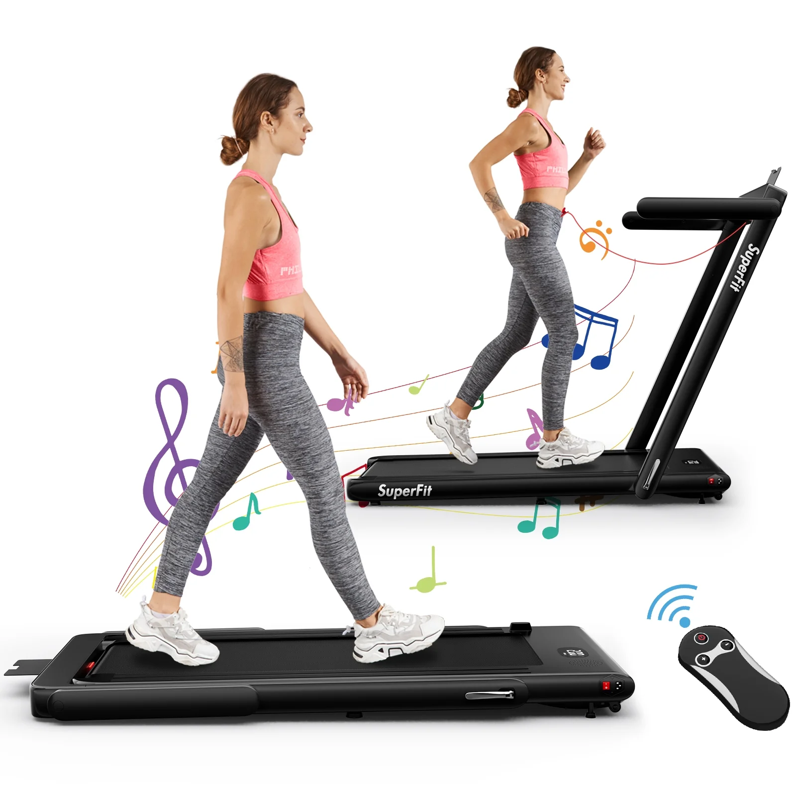 SuperFit Up To 7.5MPH 2.25HP 2 in 1 Single Display Screen Folding Treadmill Remote Control W/ APP Control Speaker Black - Womvr