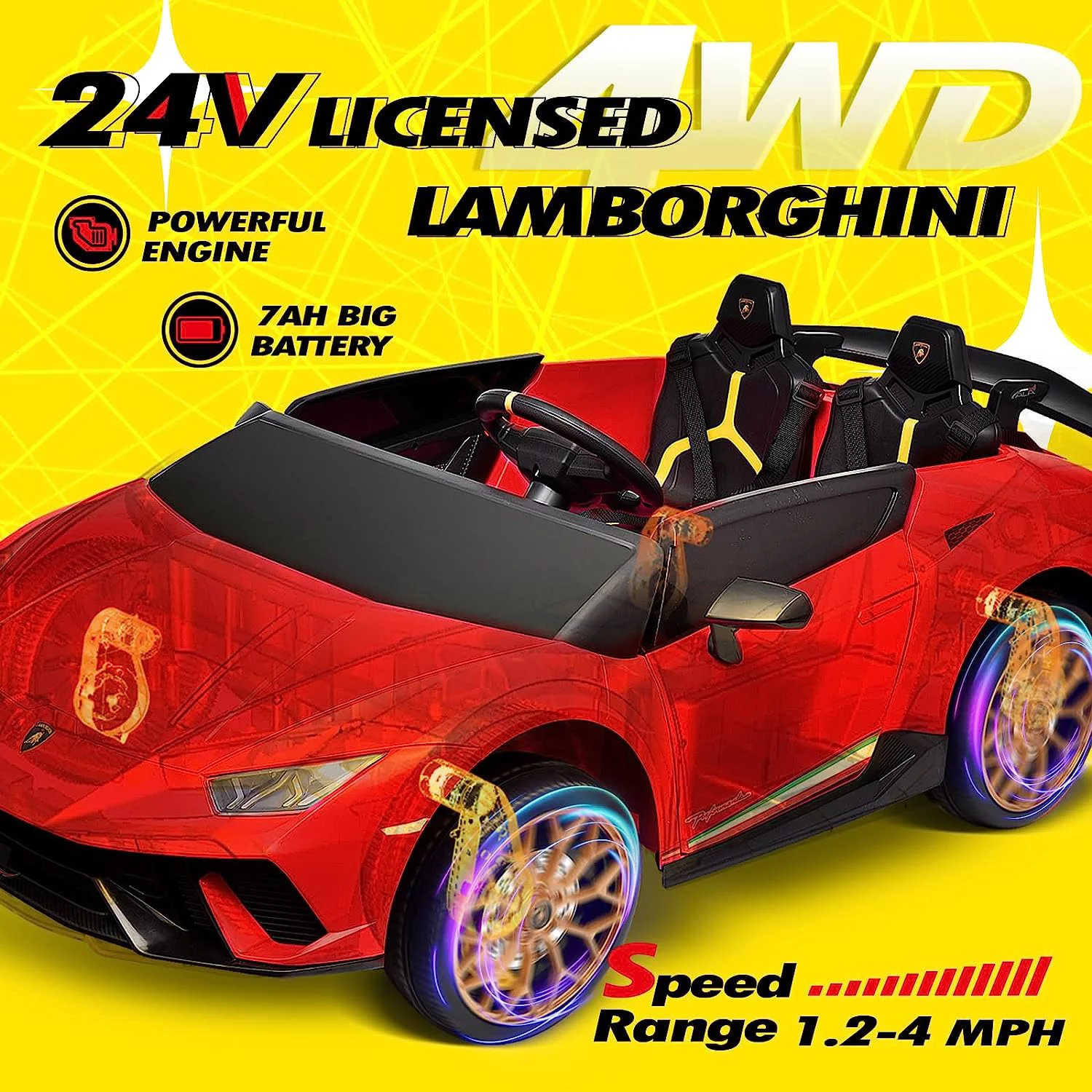 Blitzshark 24 V 2 Seater Kids Ride on Car Licensed Lamborghini Powerful 4WD, with 7AH Battery, Remote Control, Pink - Womvr