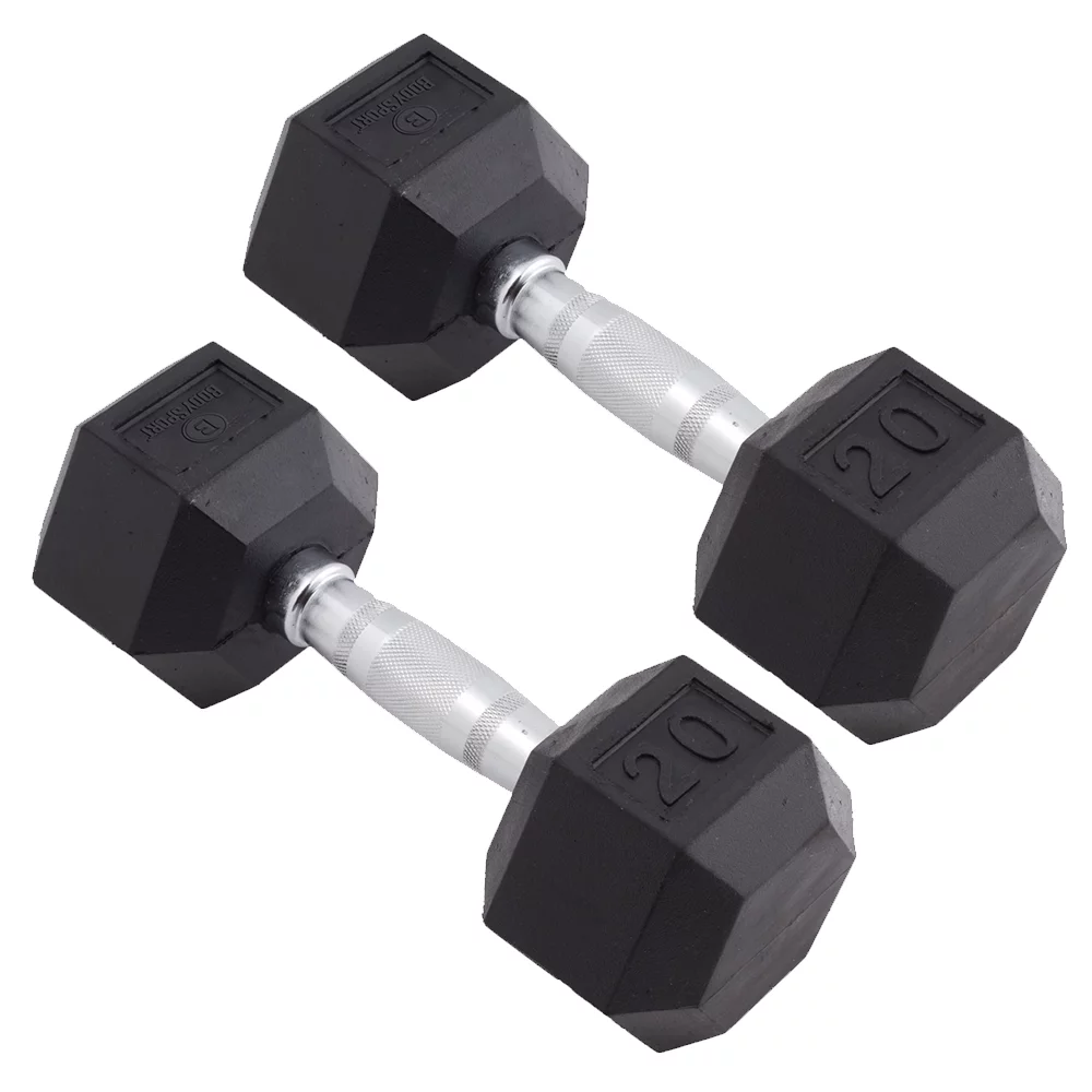 Body Sport Rubber Encased Hex Dumbbell - Set of Two - Black/Metal - 20 Pounds - Womvr