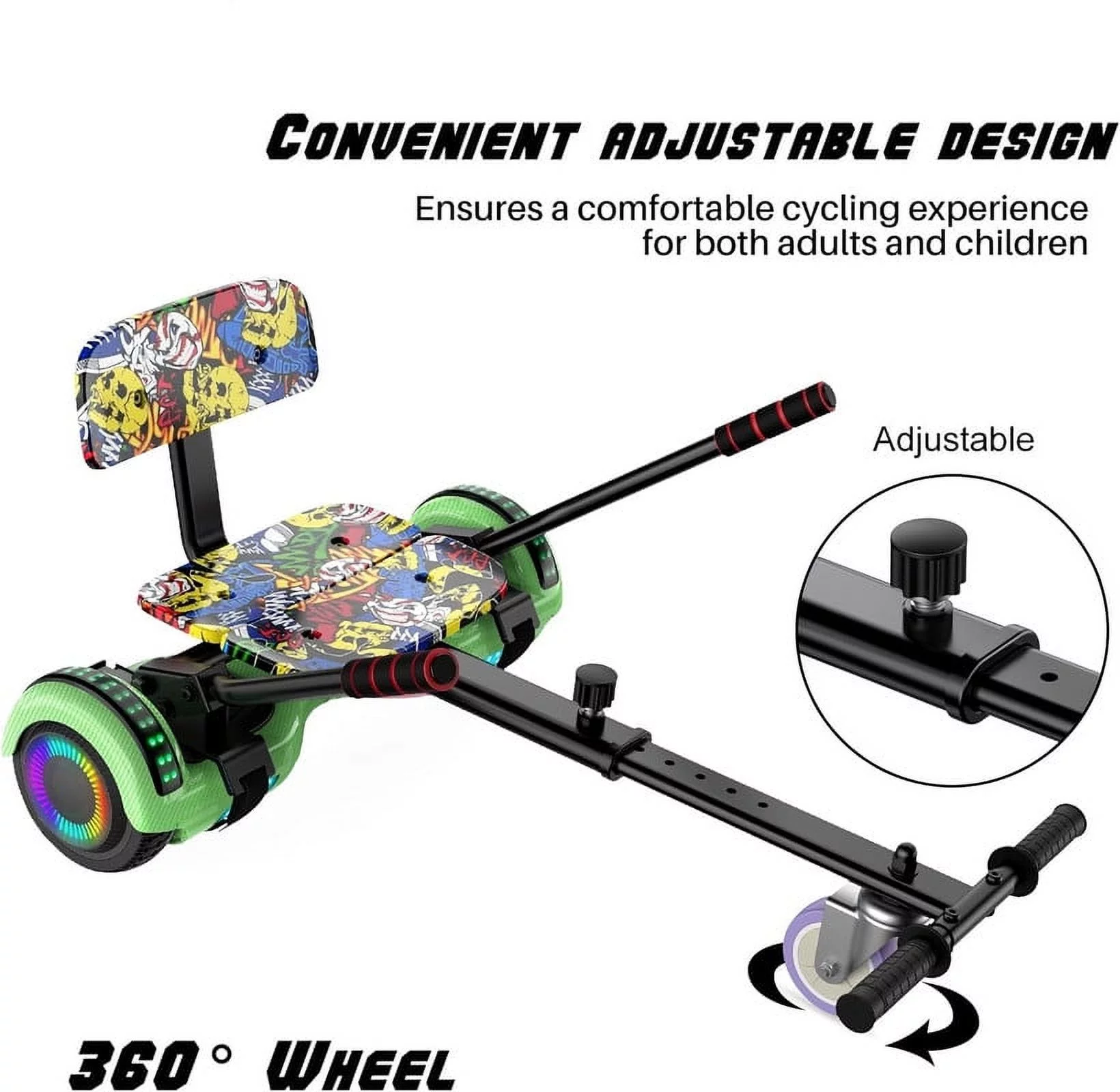 SISIGAD Hoverboard with Seat, 6.5 inch Hoverboard Go Kart Combo with Bluetooth Speaker & LED Lights for Kids Adults - Womvr