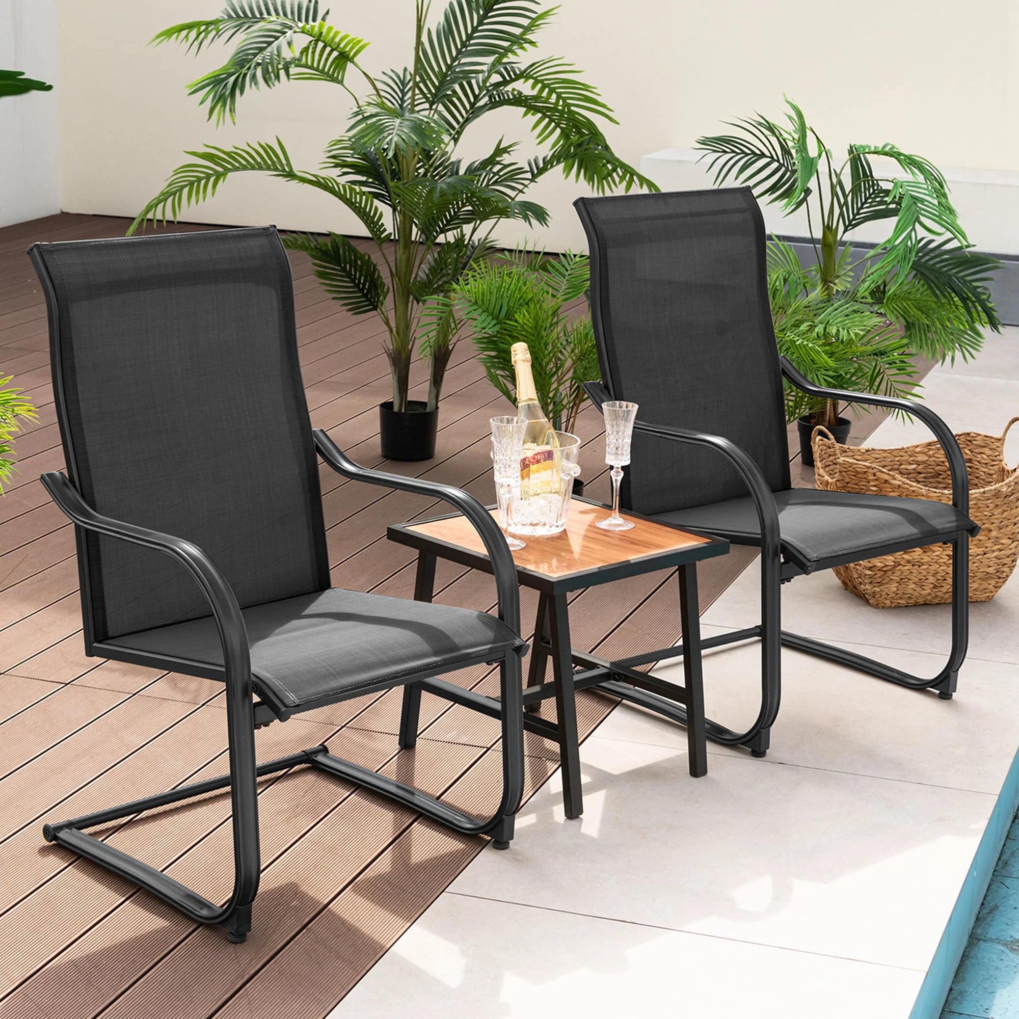 Costway 2pcs C-Spring Motion Patio Dining Chairs All Weather Heavy Duty Outdoor Black - Womvr