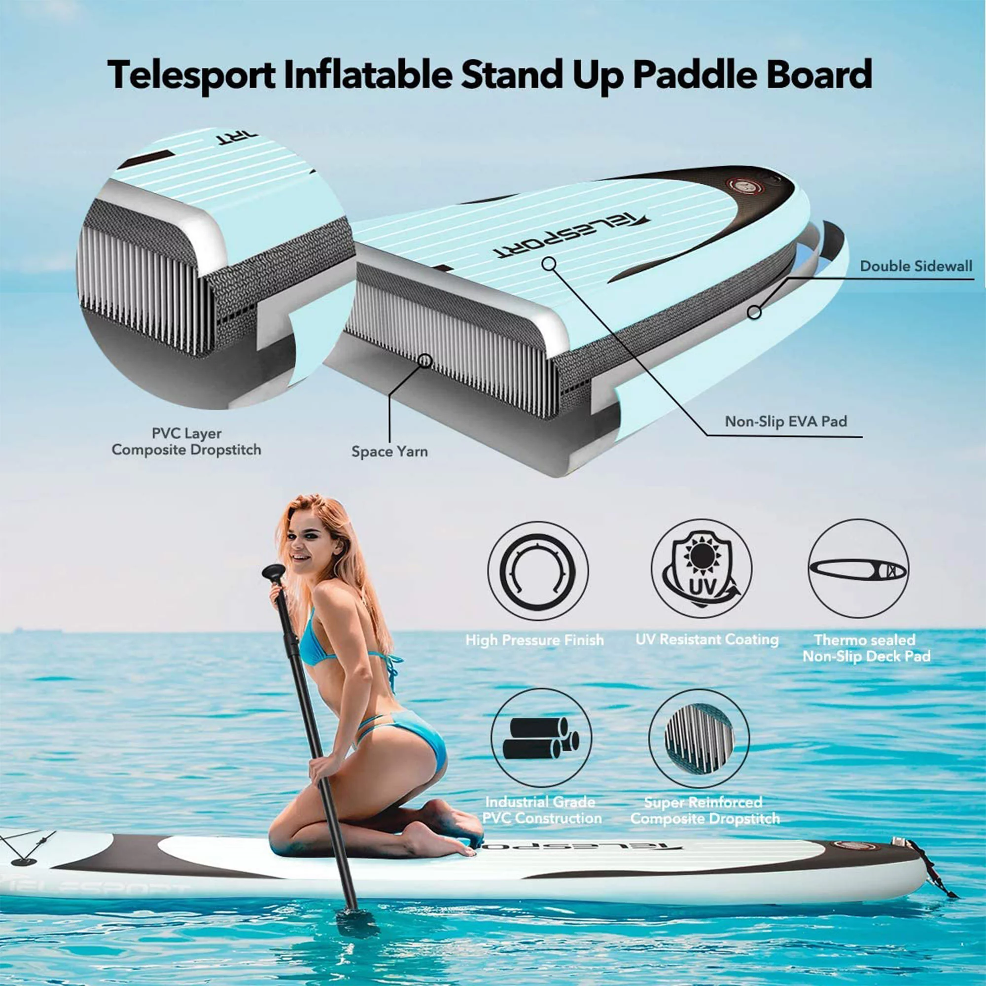 TELESPORT Paddle Boards Inflatable Paddleboard with Accessories, Blue - Womvr