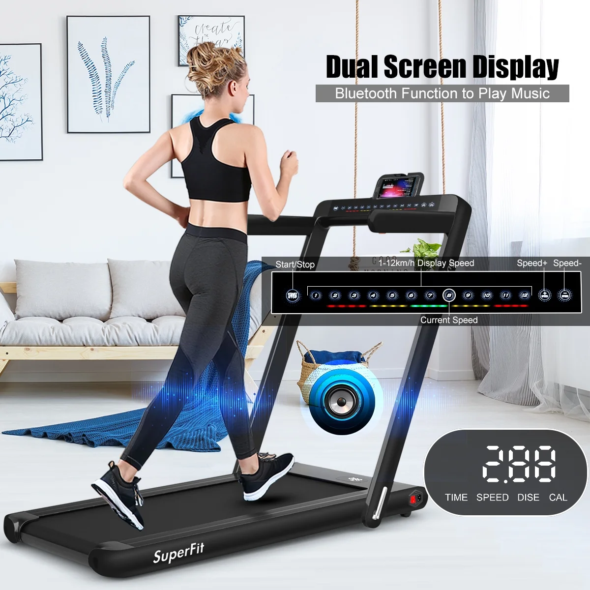 SuperFit Up To 7.5MPH 2.25HP 2 in 1 Dual Display Screen Folding Treadmill Jogging Machine W/APP Control Silver - Womvr