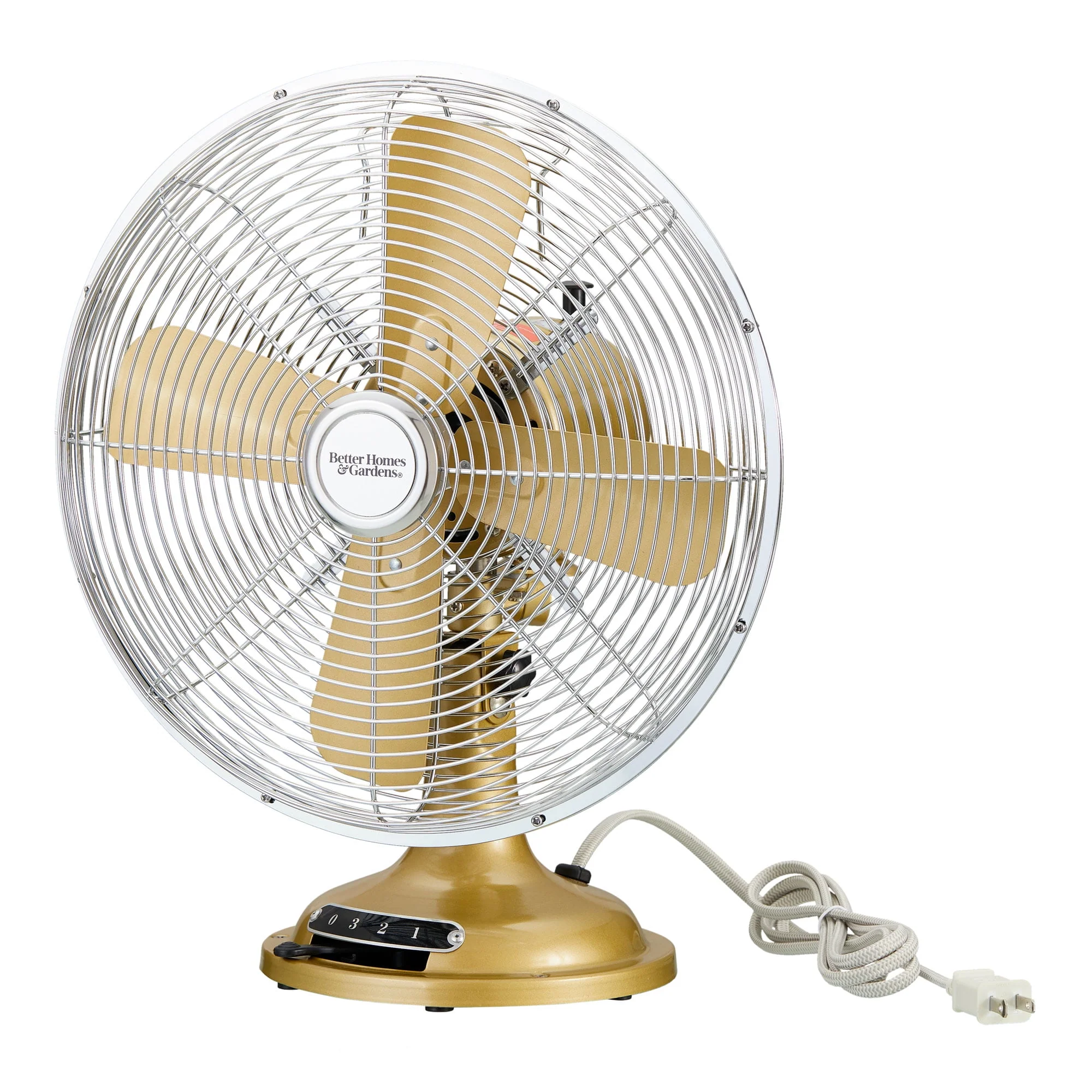 Better Homes & Gardens New 12 inch Retro 3-Speed Metal Tilted-Head Oscillation Table Fan Gold - Womvr