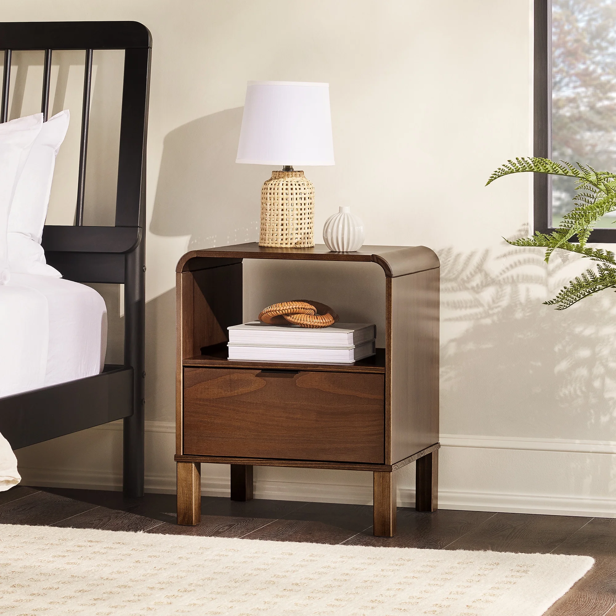 Walker Edison Modern Curved-Frame Solid Wood Nightstand, Brown - Womvr
