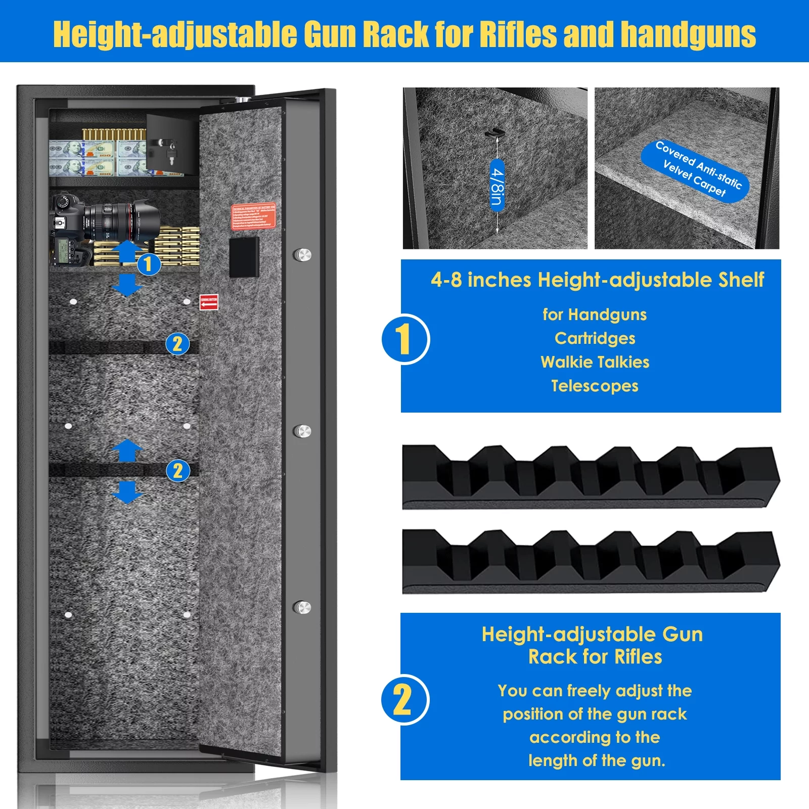 SRWTRCHRY Fingerprint 5-Gun Safe, 2s Quick Access Gun Cabinet with 2 Open Ways, Electronic Storage Cabinet for Rifles, Heavy-Duty Security Cabinet with Removable Shelf, 56''H - Womvr