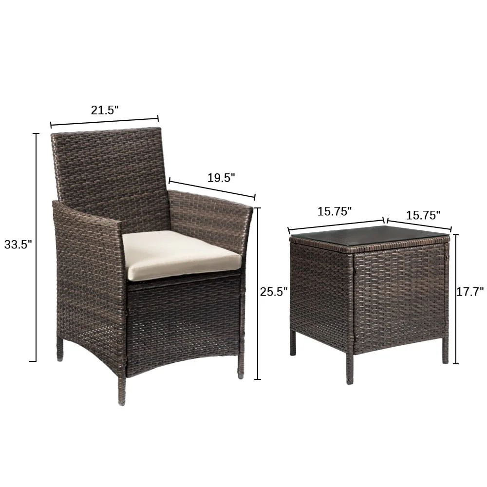 Lacoo 3 Pieces Outdoor Patio Furniture PE Rattan Wicker Table and Chairs Set Bar Set with Cushioned Tempered Glass, Brown/Beige, 2 - Womvr