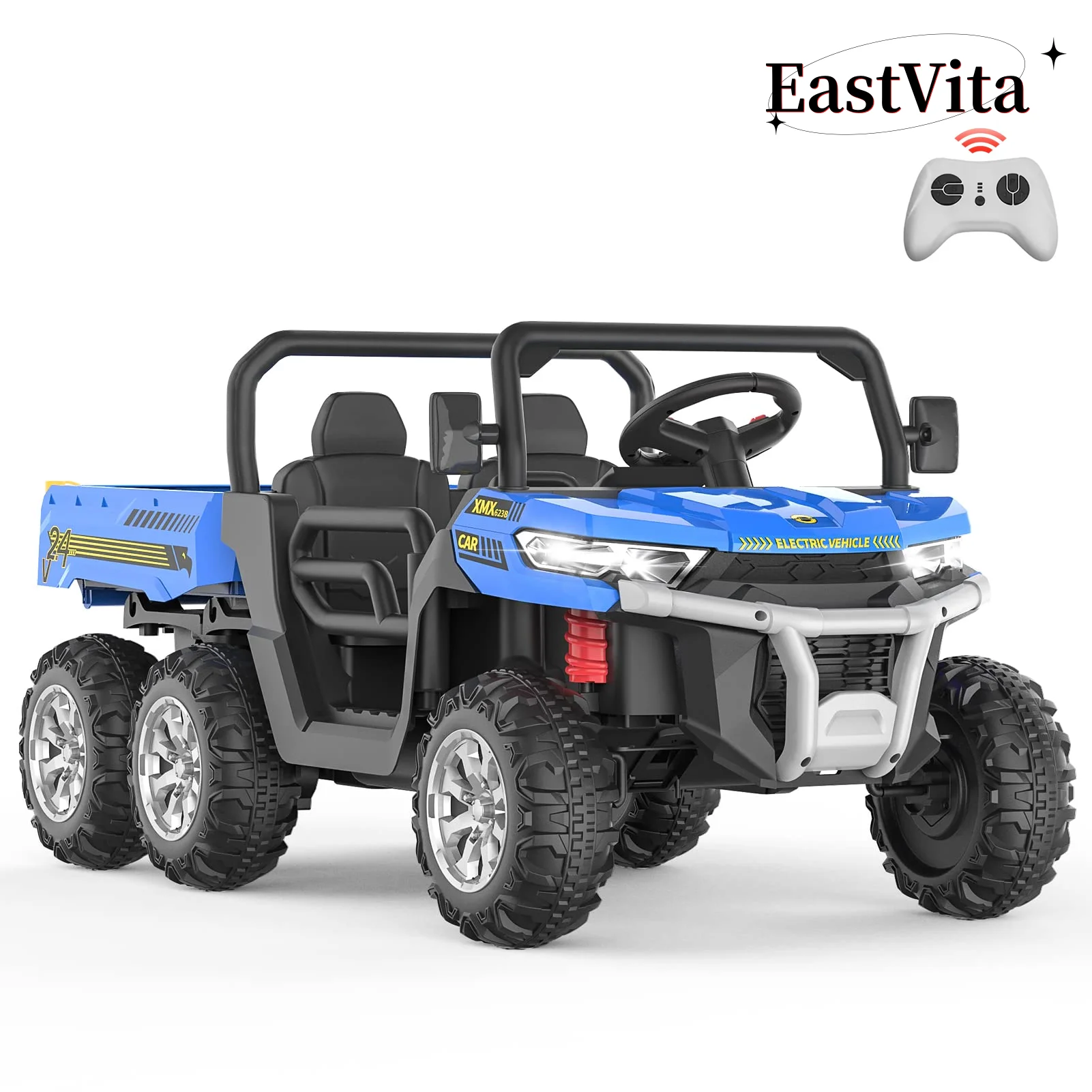 EastVita Kids 24V Ride on Car Large Farm Tractor Dump Truck 6 Wheels with Electric UTV Vehicles with Electric Car Hopper Ride on Toys ,with Lighting, Mp3 ((Green) - Womvr