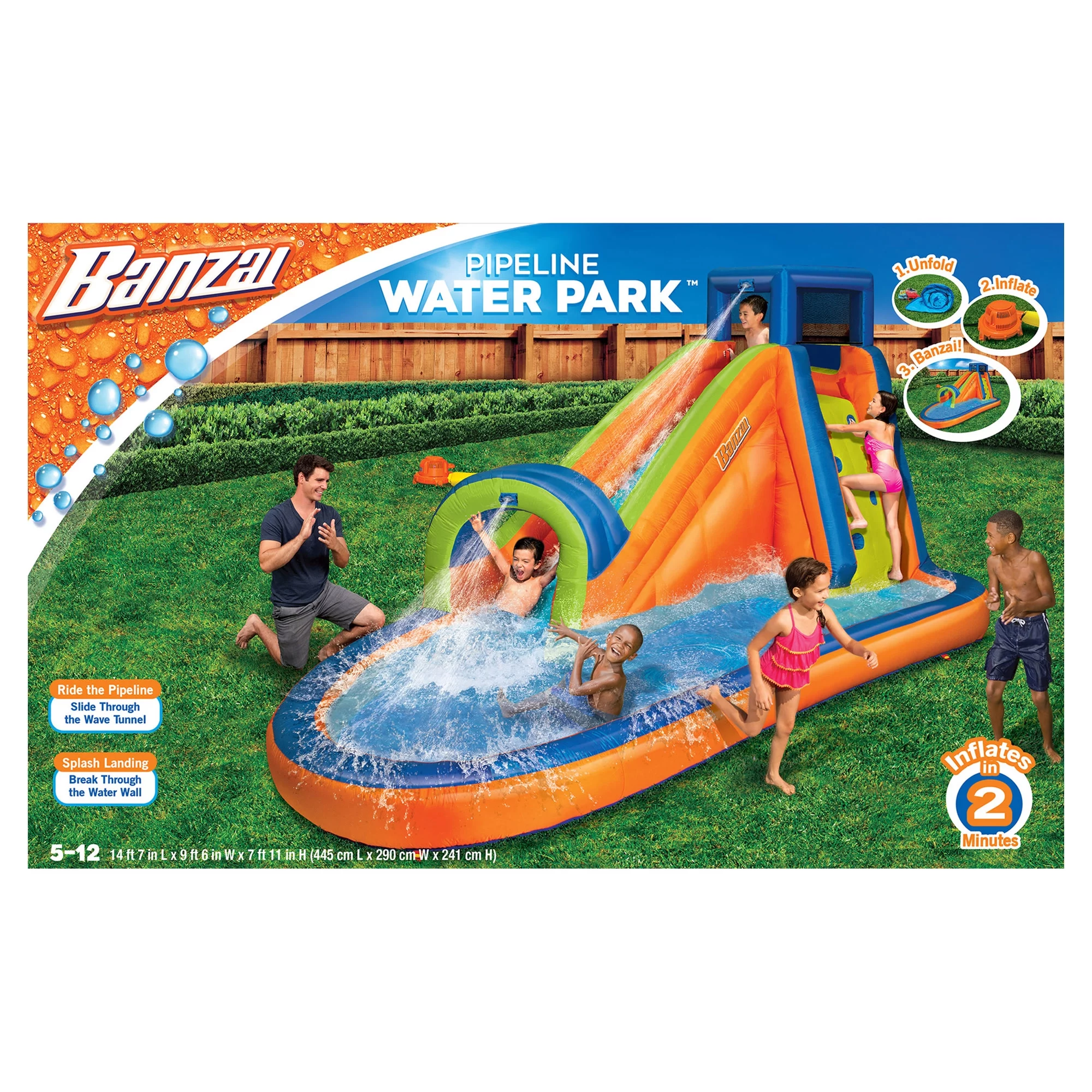 Banzai Pipeline Water Park Toy, Length: 14 ft 7 in, Width: 9 ft 6 in, Height: 7 ft 11 in, Inflatable Outdoor Backyard Water Slide Splash Toy - Womvr