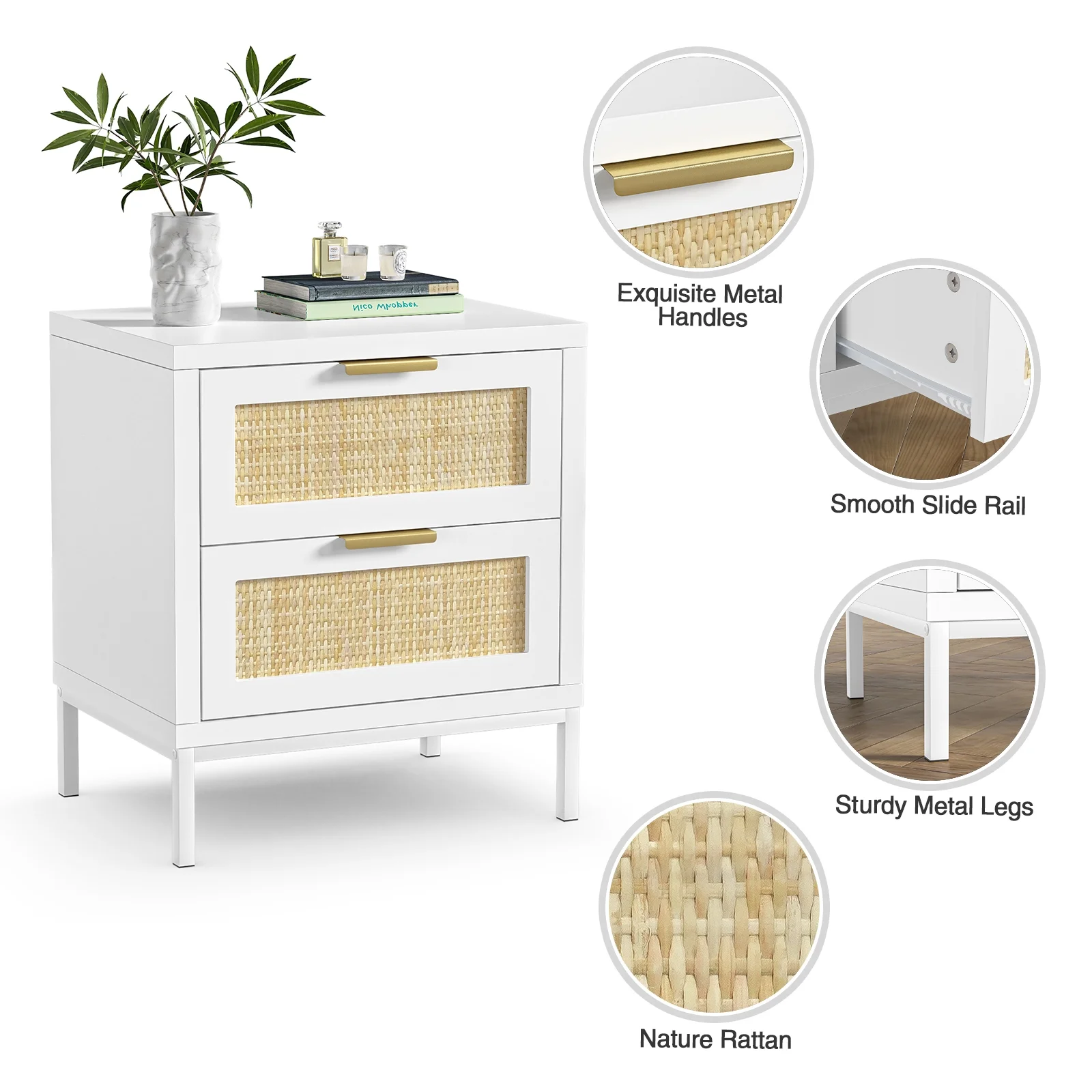 Eumyviv Modern Farmhouse Nightstands with 2 Rattan Drawer,Wood Bedside Table Storage Cabinet for Bedroom, Living Room,Natural Oak H0021 - Womvr