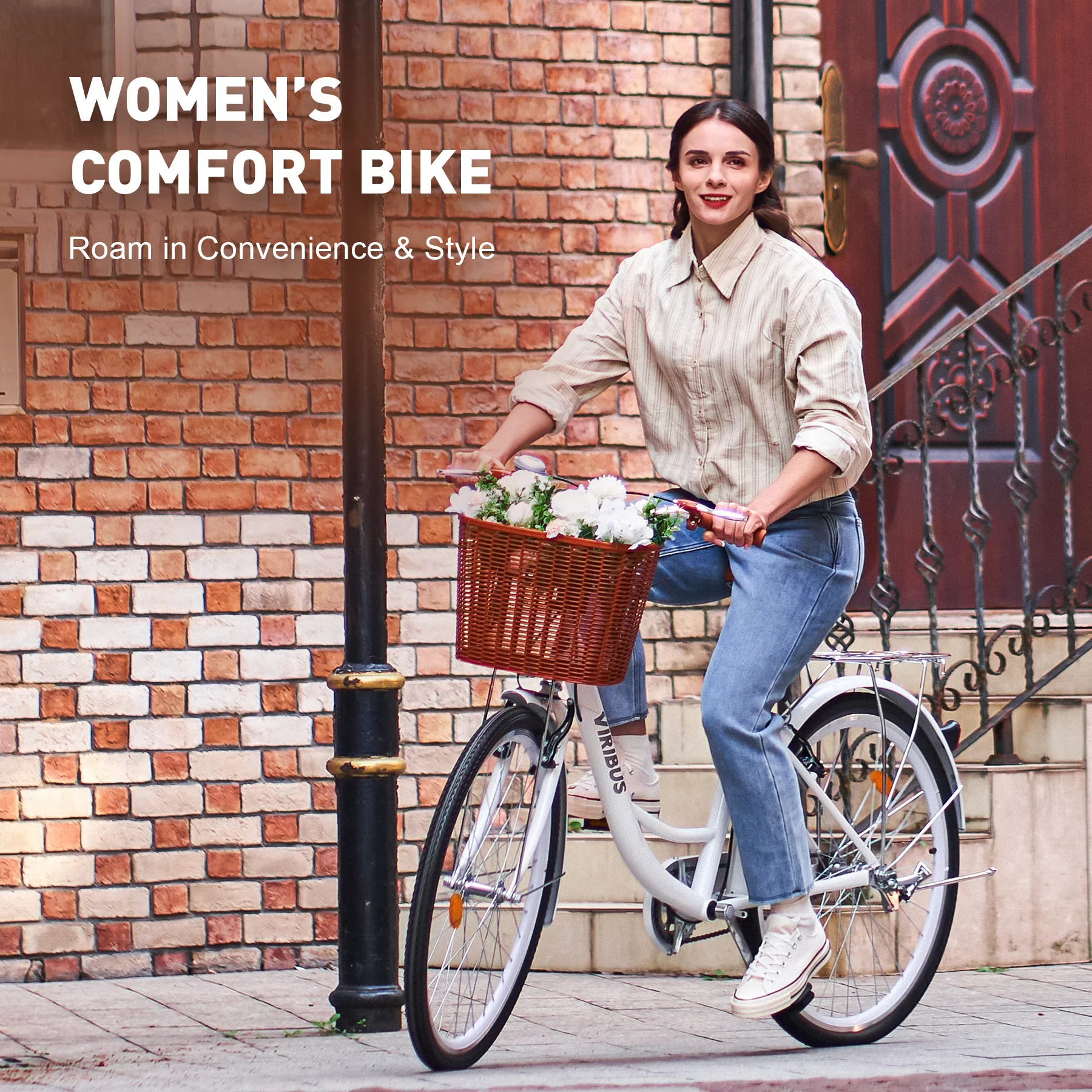 Viribus 26 Inch Women's Comfort Bike with Basket Step Through Bike for Women & Men White - Womvr