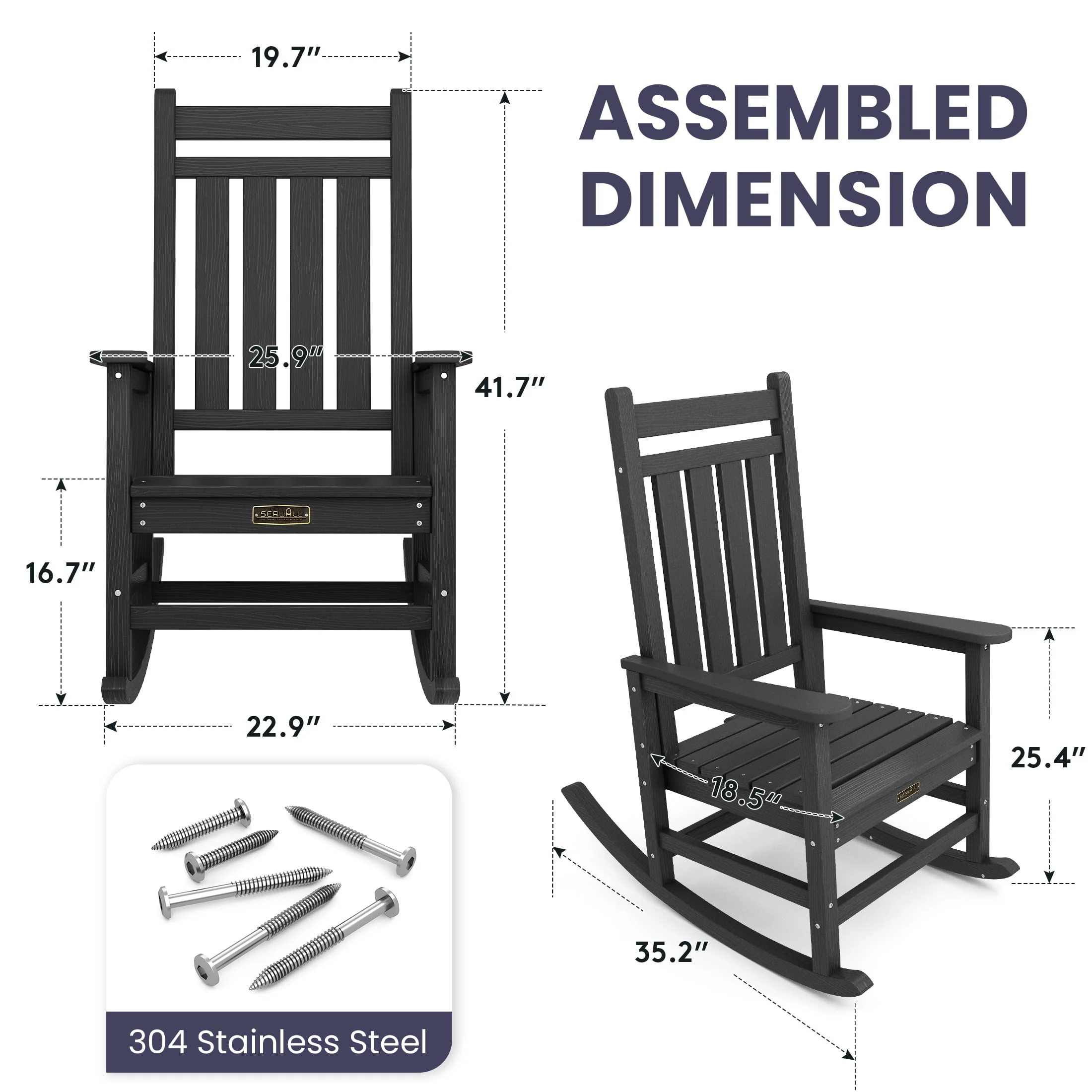 SERWALL Outdoor Oversized Slat Rocking Chair, HDPE Plastic Porch Rocker, Gray - Womvr