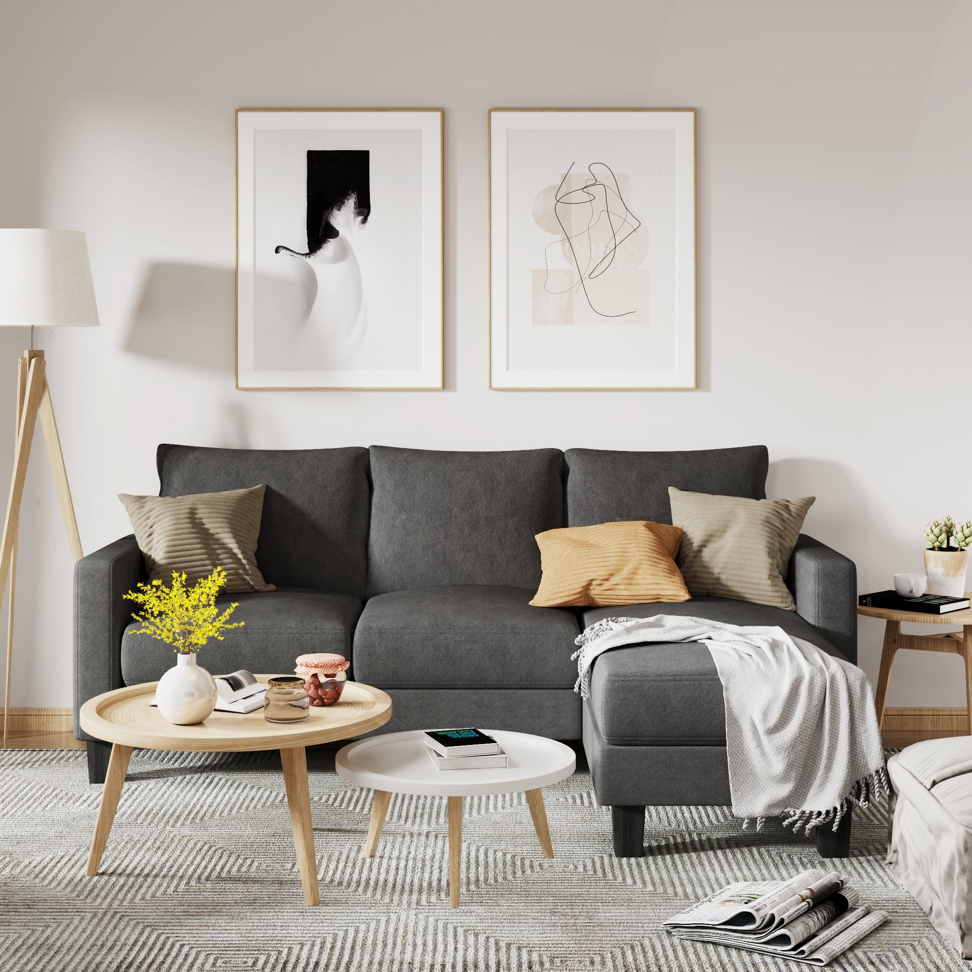 Homall Convertible Sectional Sofa Couch, Modern Linen Fabric L-Shaped Couch 3-Seat Sofa Sectional with Reversible Chaise for Small Living Room, Apartment and Small Space, Dark Gray - Womvr