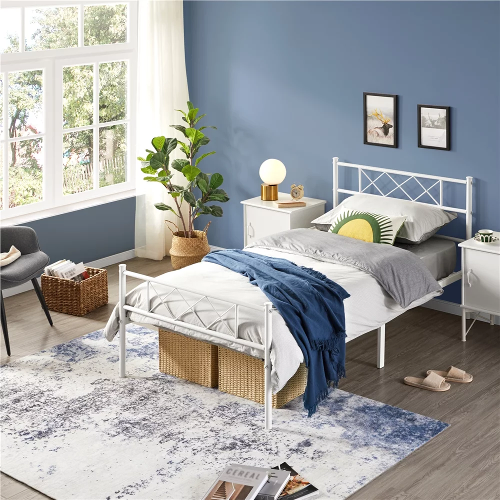 Topeakmart Twin Metal Bed Frame with Crisscross Headboard & Footboard, White - Womvr
