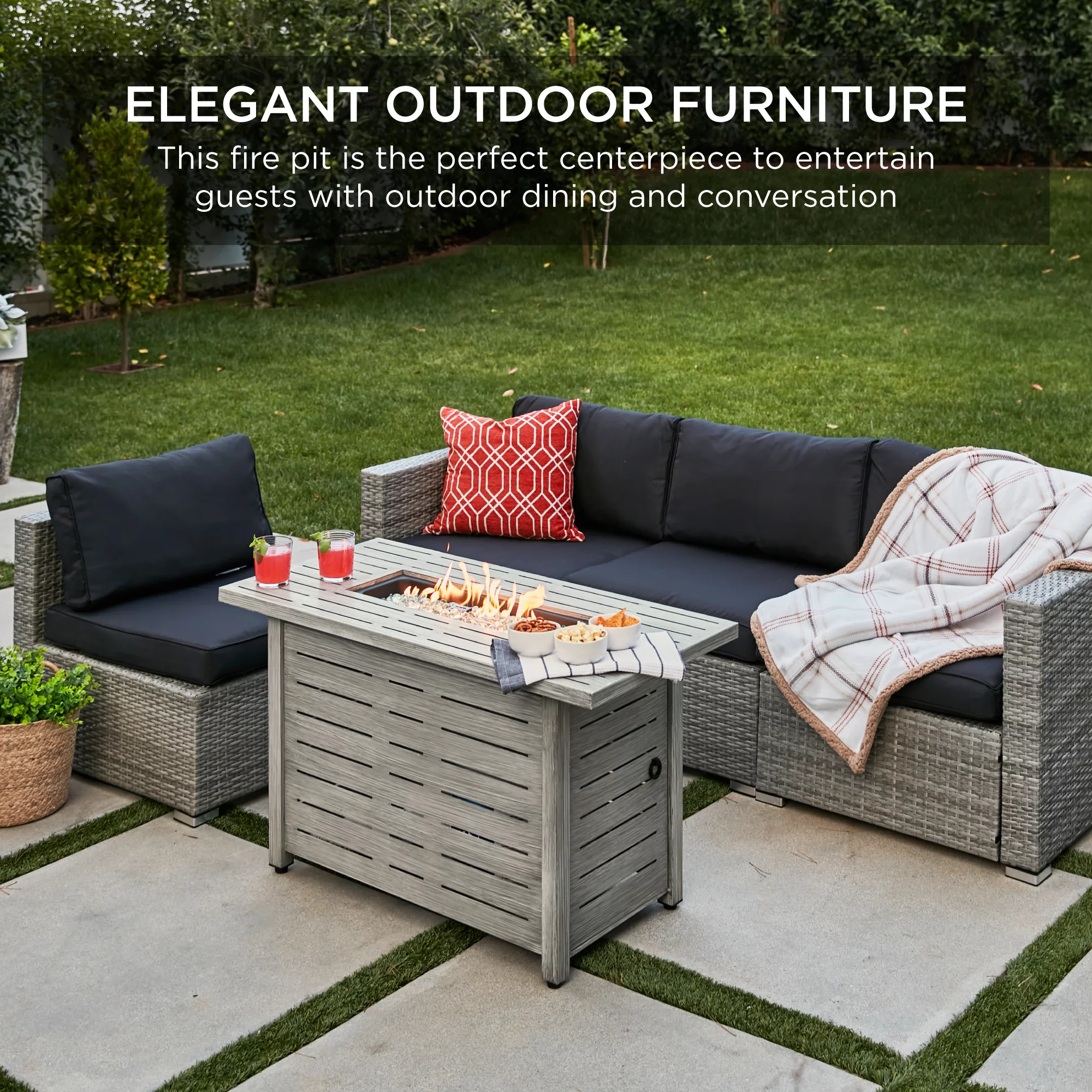 Best Choice Products 42in Fire Pit Table 50,000 BTU Rectangular Steel Propane Gas w/ Cover, Glass Beads - Gray - Womvr
