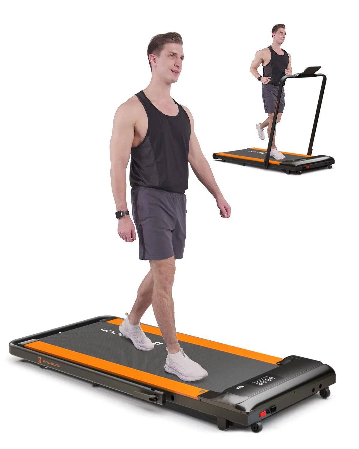 Superun 2 in 1 Folding Treadmill 3 HP Indoor Walking pad with 300lbs Capacity & APP Bracelet & Wider Running Belt(Orange) - Womvr