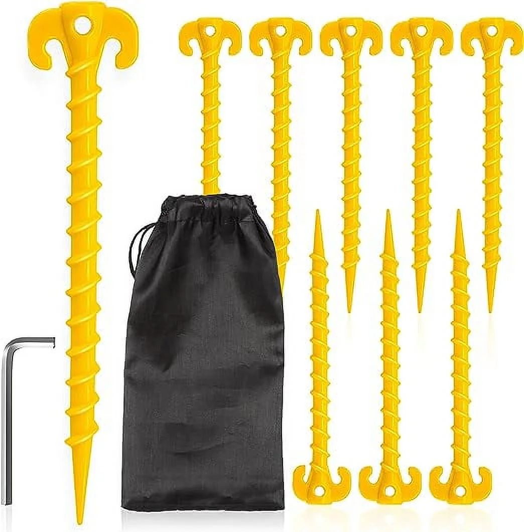 Kotto Large 10 inch Yellow Outdoor Tent Stakes Ultimate Ground Anchor Pegs, 8-Pack Heavy Duty Screw Style Plastic Ground Stakes - Womvr