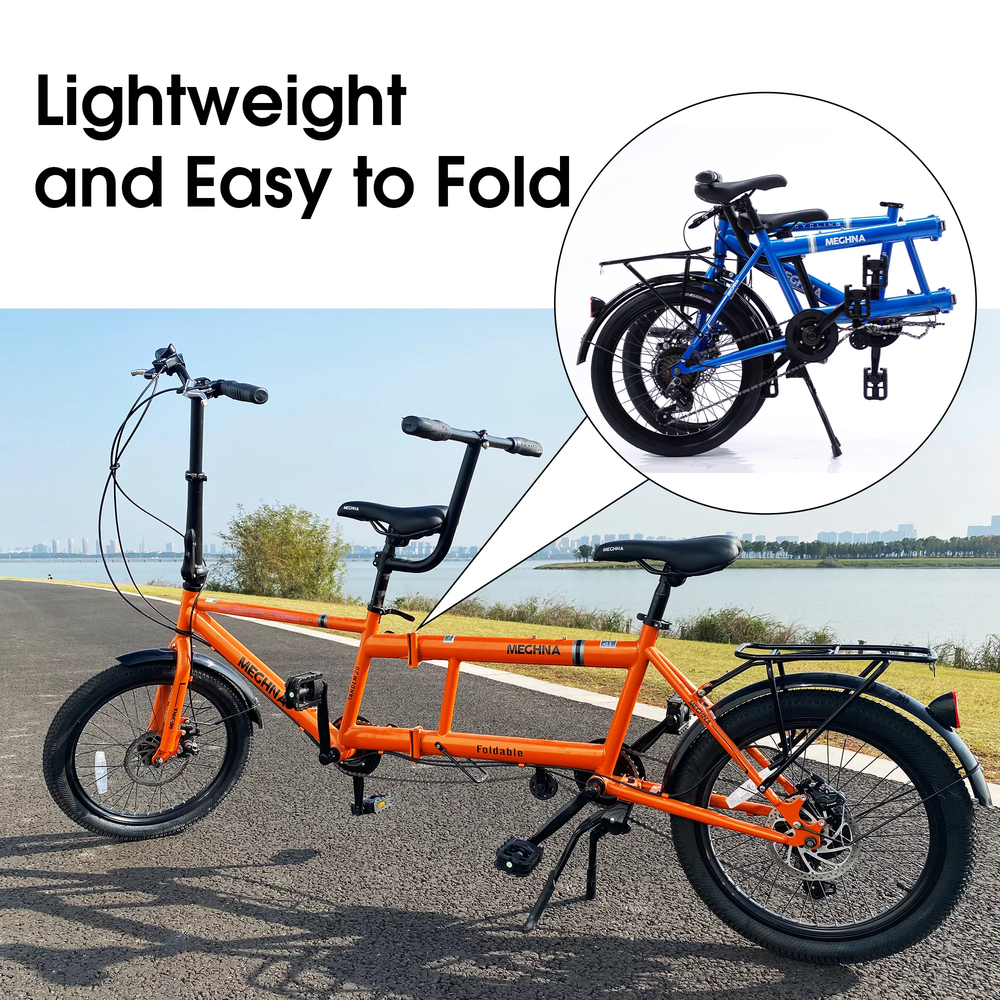 Meghna Tandem Bike 20 inches Wheels 2-Seater Shimano 7 Speed Folding Tandem Adult Beach Cruiser Orange - Womvr