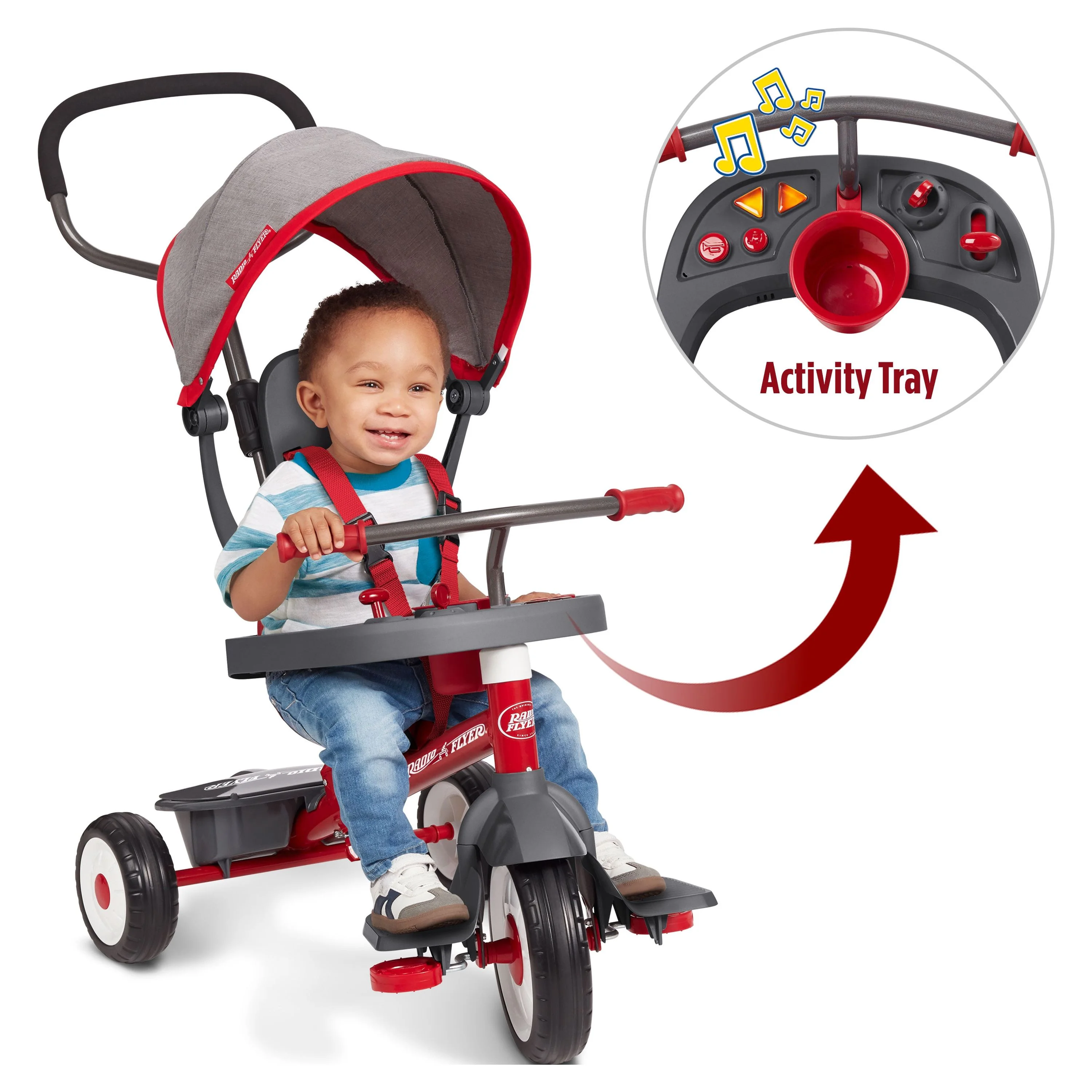Radio Flyer, 4-in-1 Stroll 'N Trike with Activity Tray, Red & Gray, Convertible Tricycle,  Unisex - Womvr