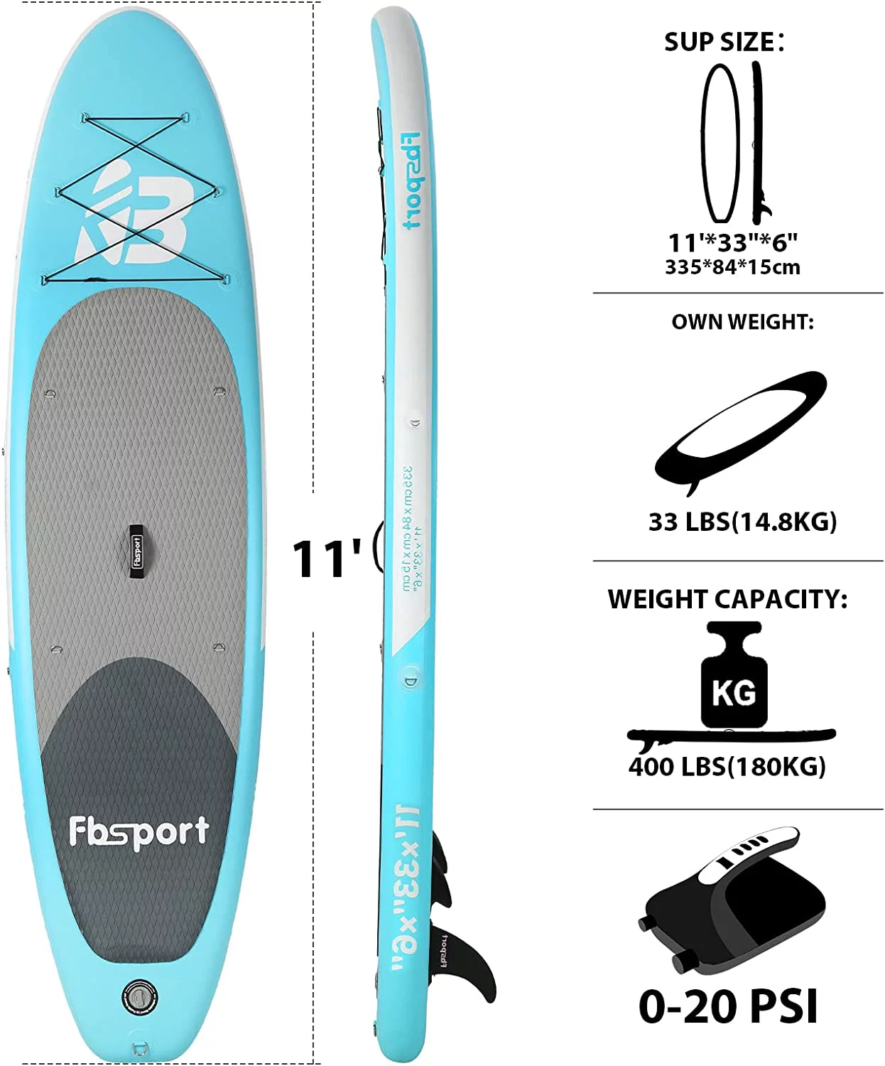 Summer Savings Fbsport 11ft Inflatable Paddle Board SUP, 6'' Thick W/Paddling Fins Electric Pump & Accessories Pack, Green - Womvr