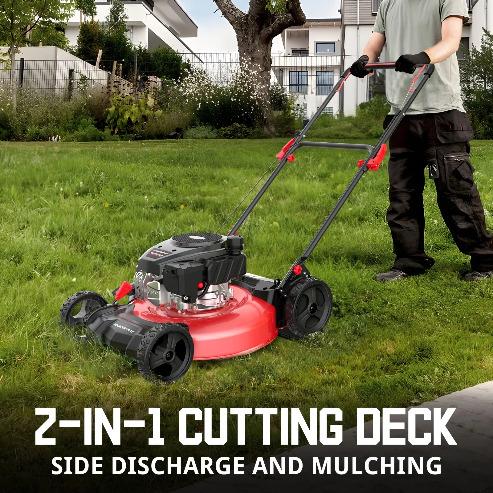 PowerSmart Gas Lawn Mower, 21 inches 144cc 2-in-1 Walk-Behind , Side Discharge Push Lawn Mower - Womvr