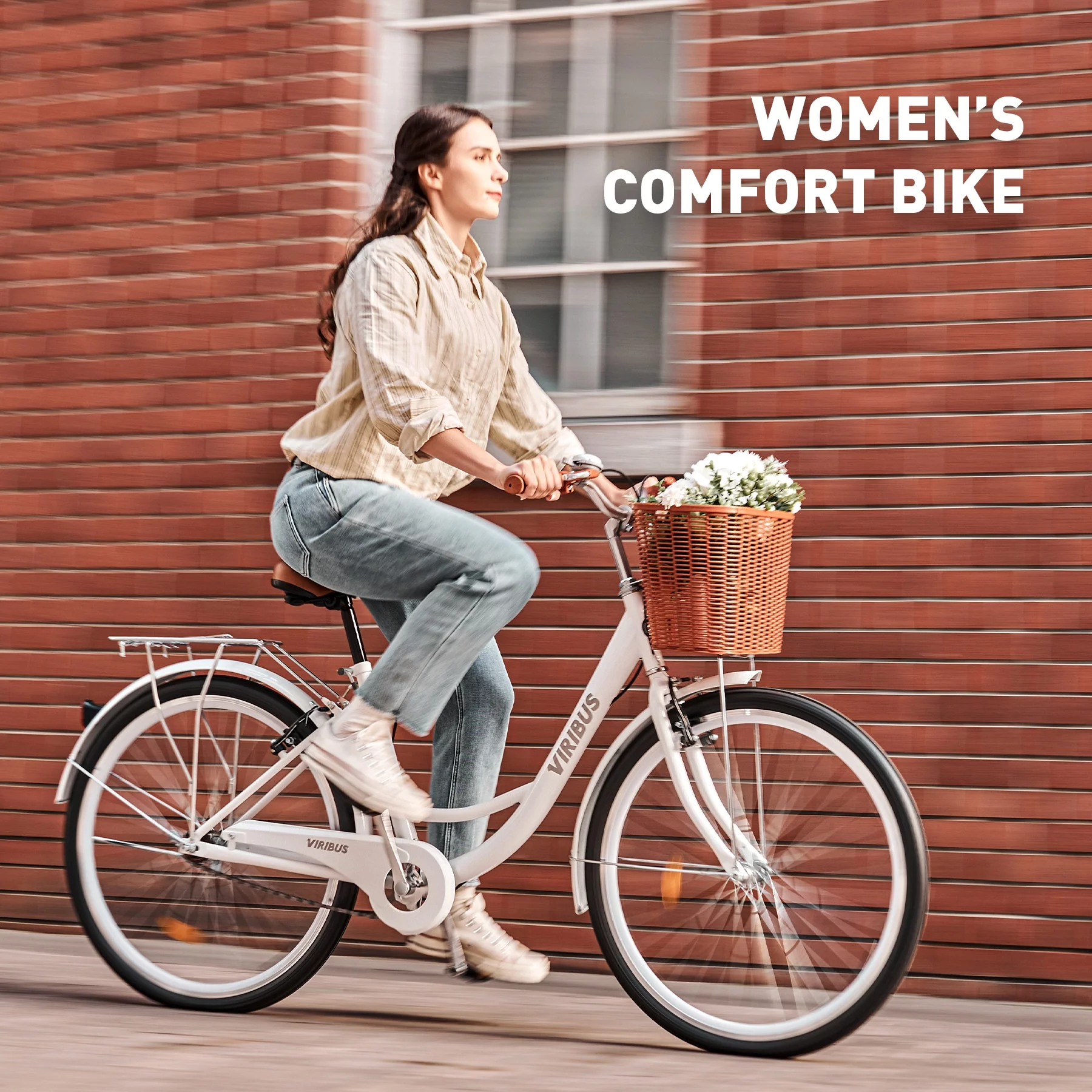 Viribus 26 Inch Women's Comfort Bike with Basket Step Through Bike for Women & Men White - Womvr