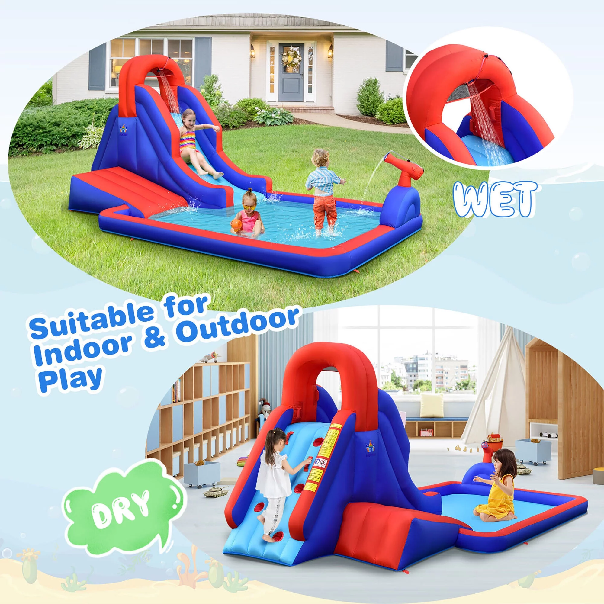 Gymax Inflatable Water Slide Park w/ Climb Slide Pool & 2 Swim Rings Blower Excluded - Womvr