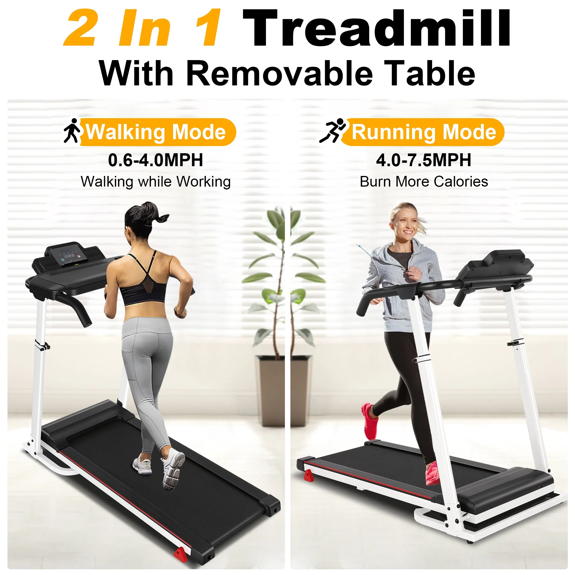 Tikmboex Folding Treadmill with Removable Tabletop and Incline, 2.5 HP Running Machine and 300Lbs Capacity for Home Office Use,White - Womvr