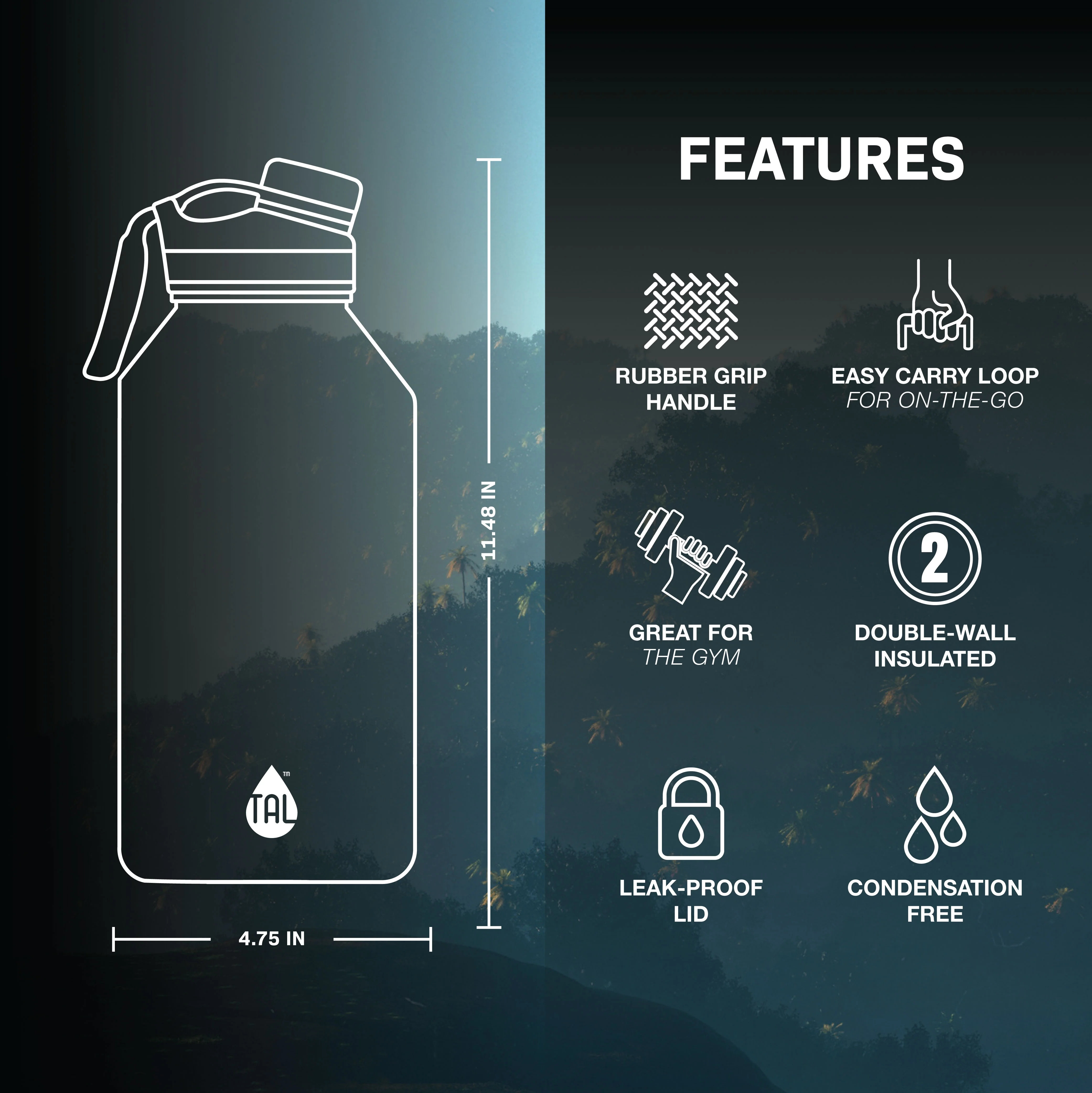 TAL Stainless Steel Ranger Water Bottle 64 fl oz, Black - Womvr