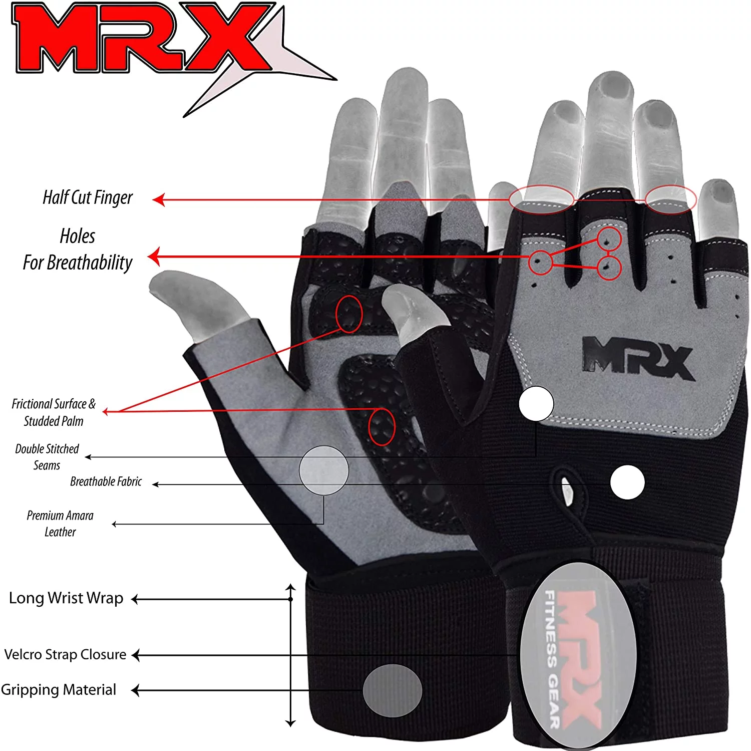 MRX Weight Lifting Gloves Gym Power Training Fitness Bodybuilding Glove Long Wrist Strap Black / Red M - Womvr