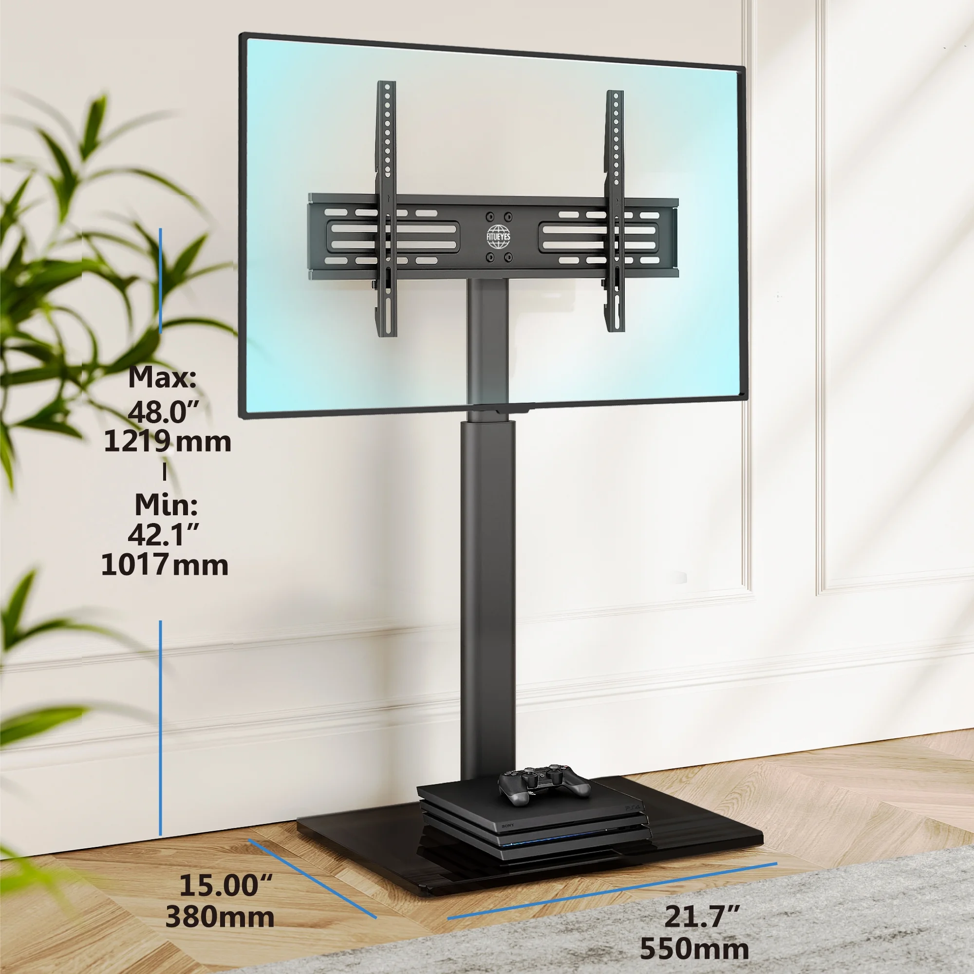 FITUEYES Tempered Glass Base Floor TV Stand 32-65 Inch, Height adjustable,Swivel TV Stand with Mount,Black - Womvr