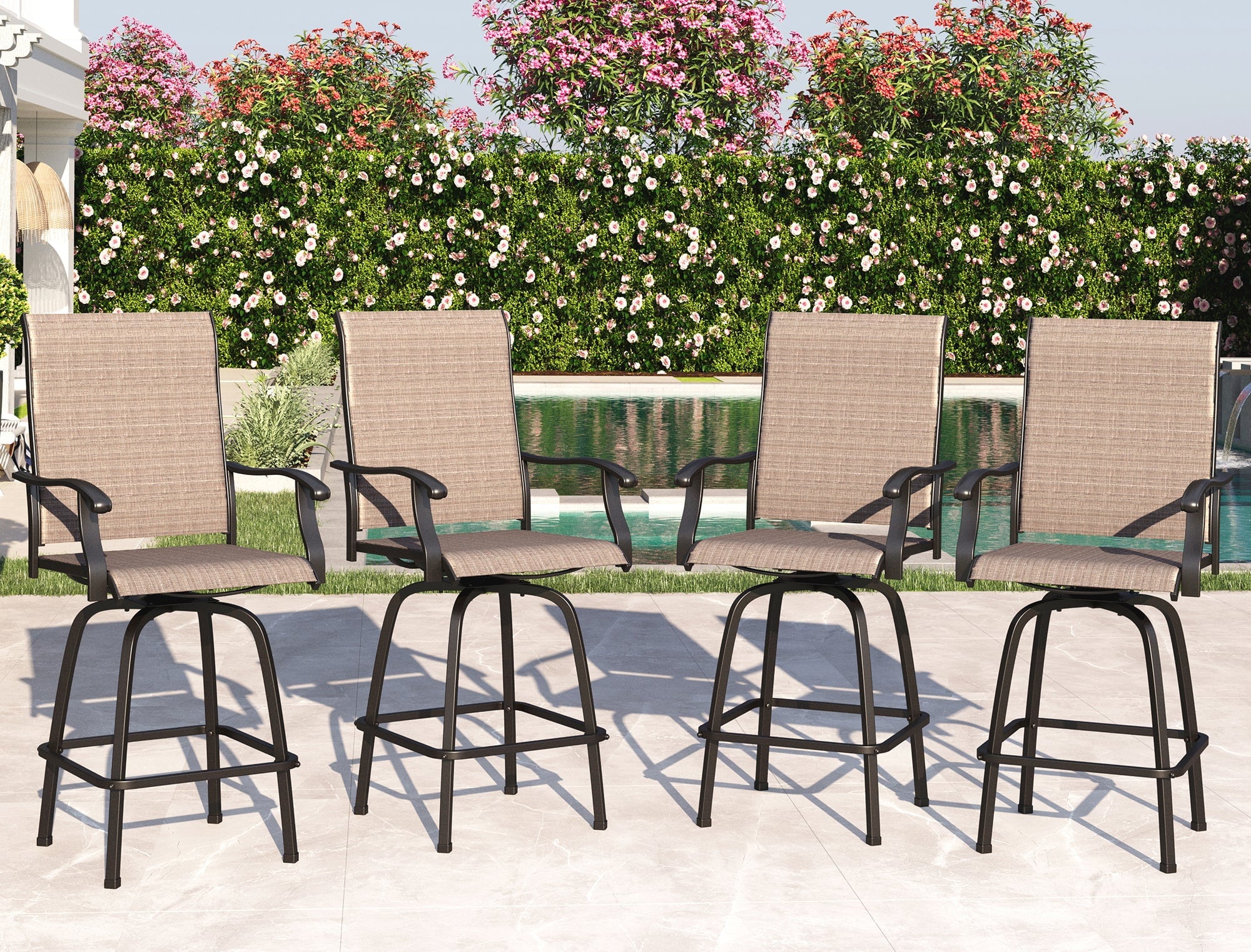 Sophia & William 2 Pcs Outdoor Swivel Metal Bar Stools Patio Height Textilene Chairs in Brown - Womvr