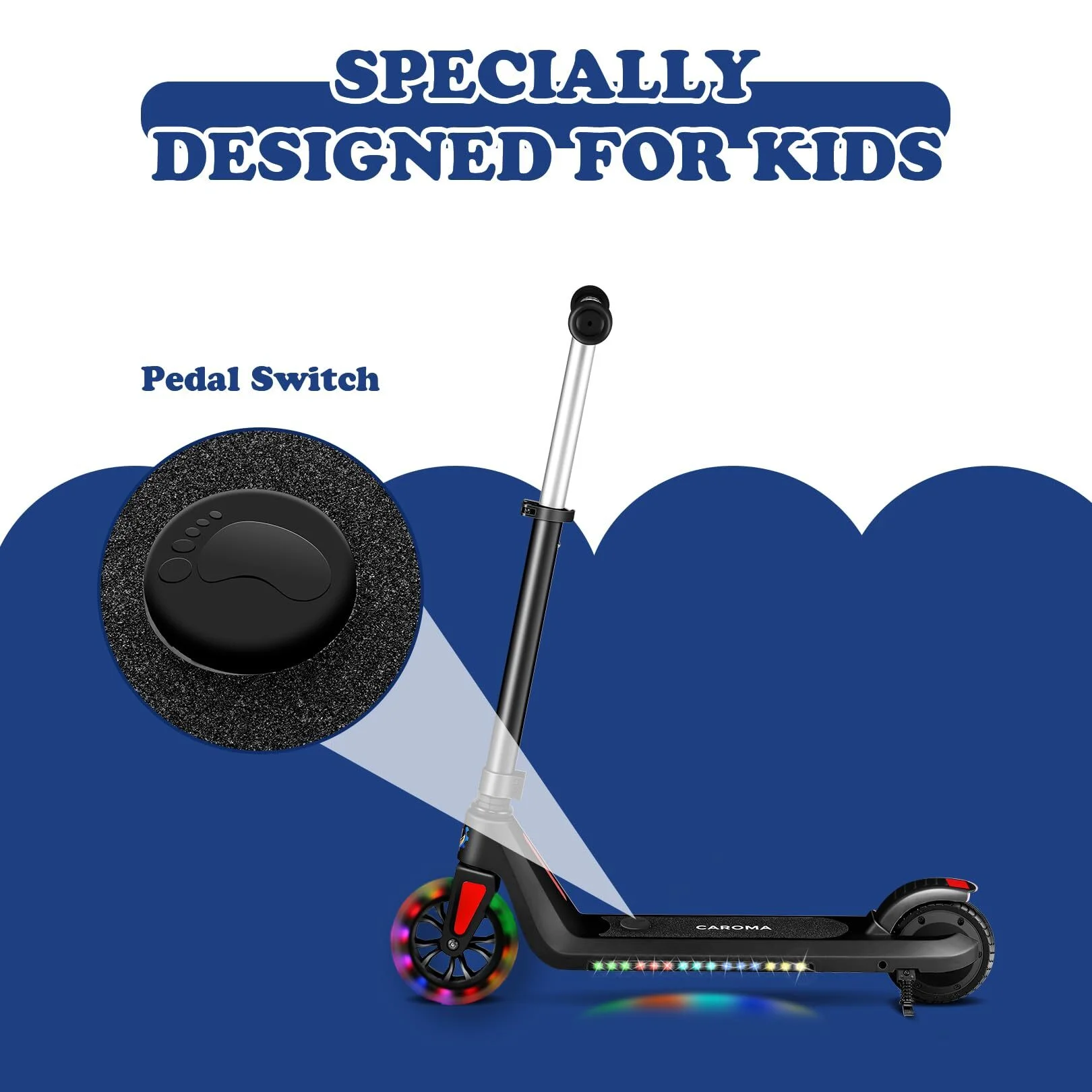 CAROMA Electric Scooter for Kids Ages 6-12, up to 120 lbs, Up to 6 mph, 120W 22V Power Motor, Unique 7 Color Pedal Light, 5