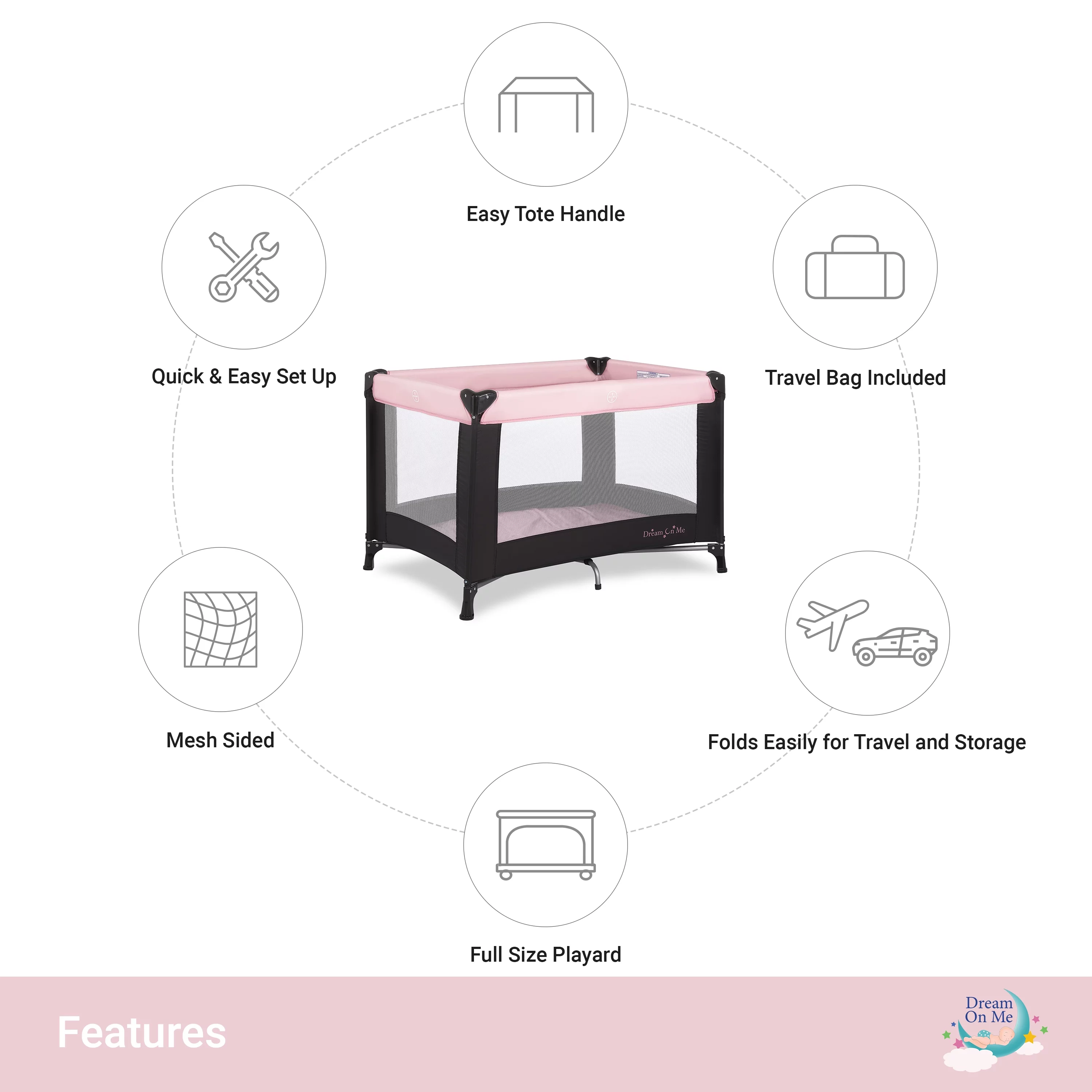Dream On Me Nest Portable Play Yard with Carry Bag and Shoulder Strap, Pink - Womvr