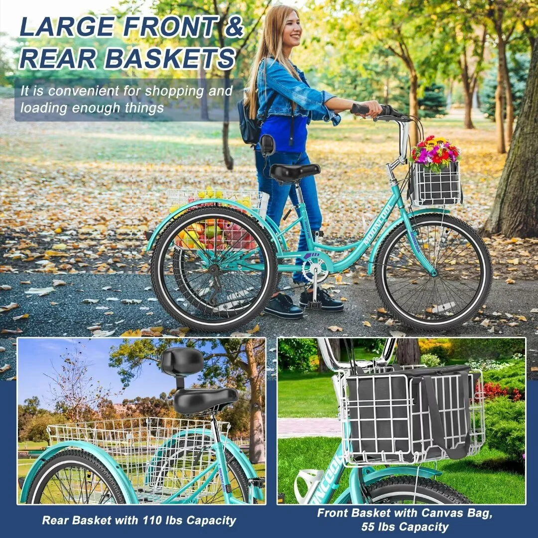 Docred Adult Tricycle 7 Speed 24 Inch Three Wheel Bike Cruiser Trike for Men/Women/Seniors - Womvr