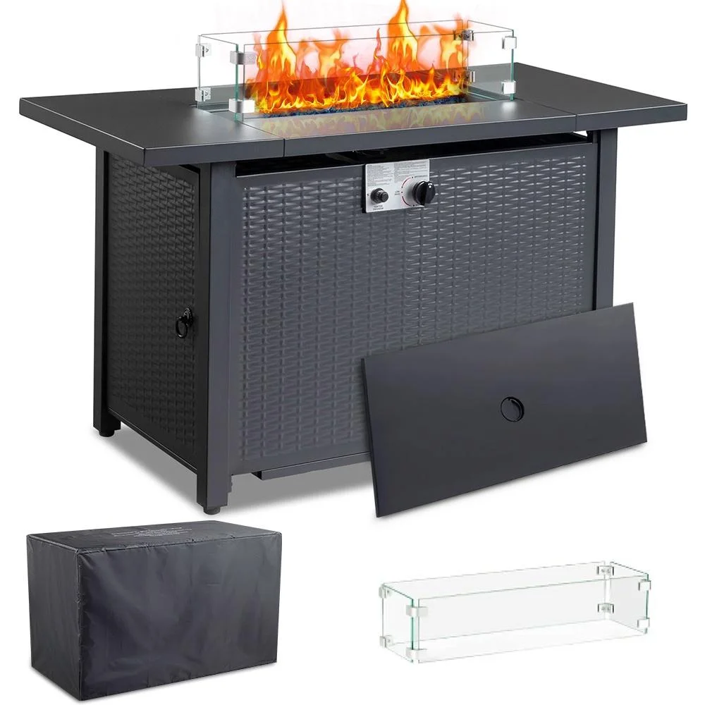 SEGMART 43'' Propane Fire Pit, 50,000 BTU Auto-Ignition Gas Fire Pit Table, Outdoor Fire Tables with Rain Cover, Lid and Tempered Glass Wind Guard for Outside, Garden, Backyard - Womvr