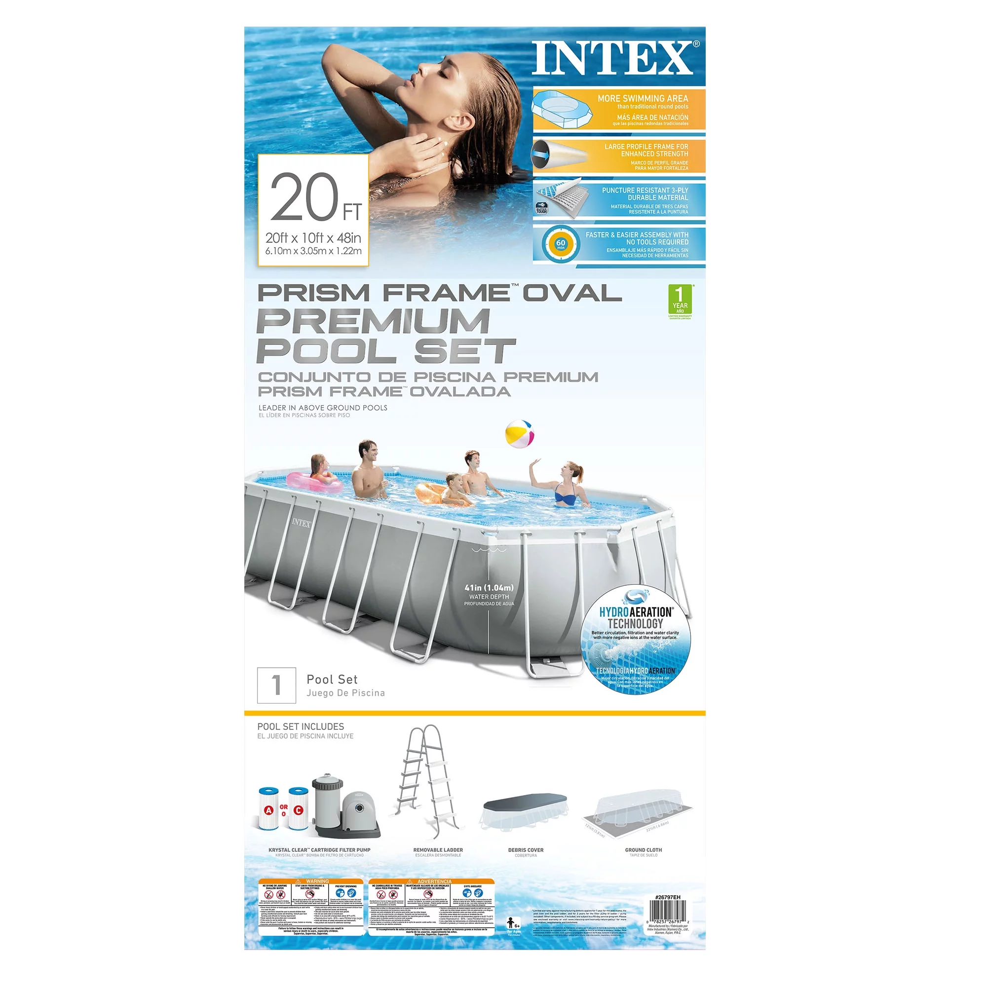 Intex 26795EH Prism Frame 16.5ft x 9ft x 48in Outdoor Above Ground Oval Pool Set with Pump, Cover and Ladder, Gray - Womvr